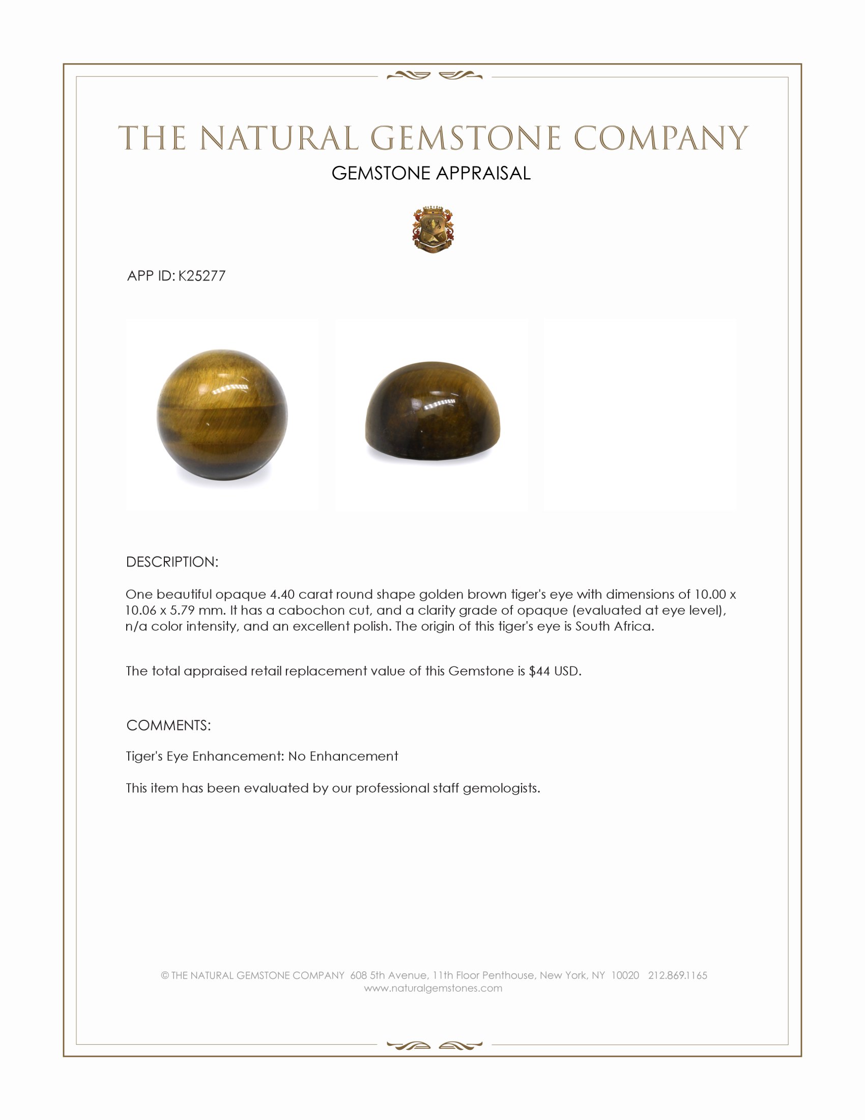 4.40 Ct. Cabochon Tiger's Eye from South Africa