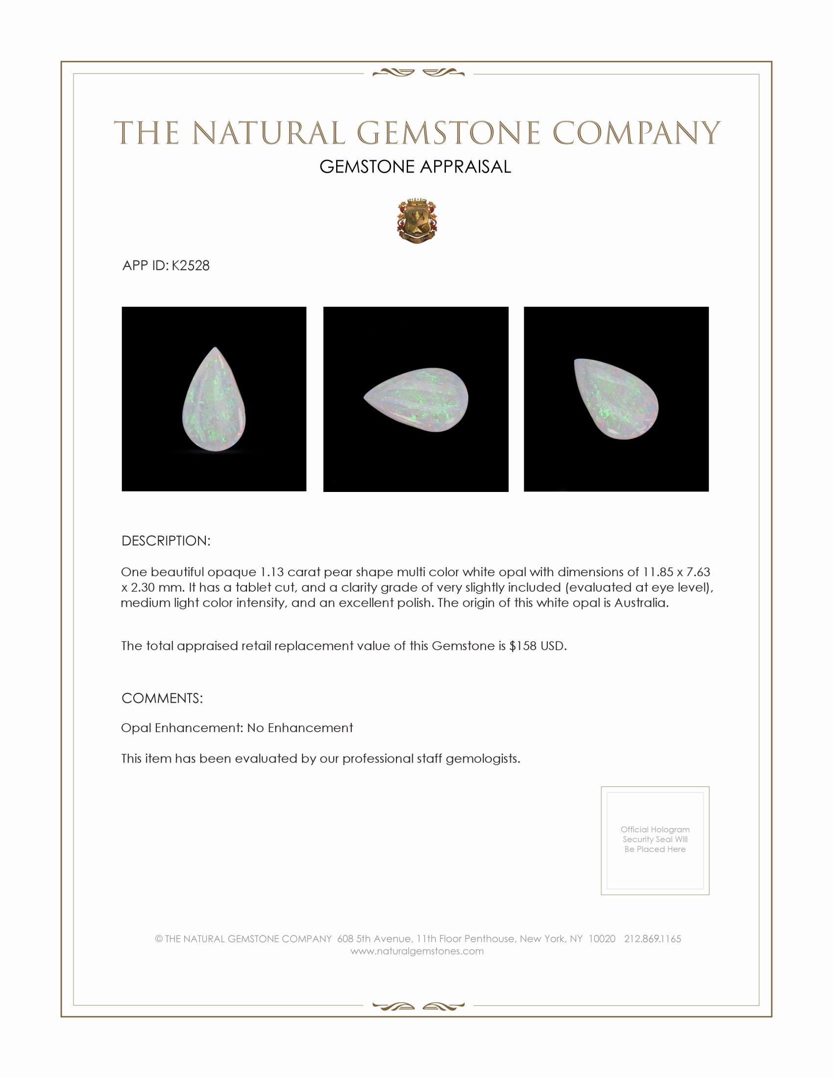 1.13 Ct. White Opal from Australia