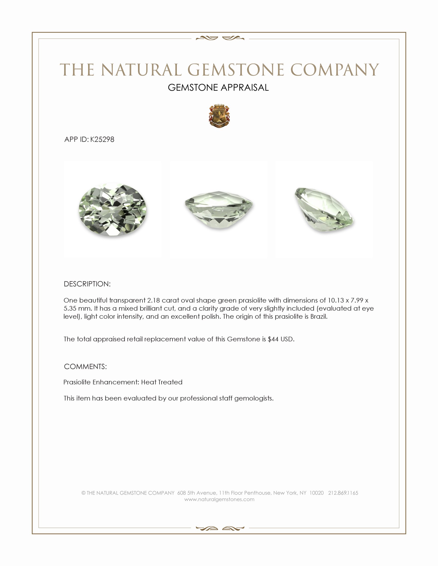 2.18 Ct. Green Prasiolite from Brazil