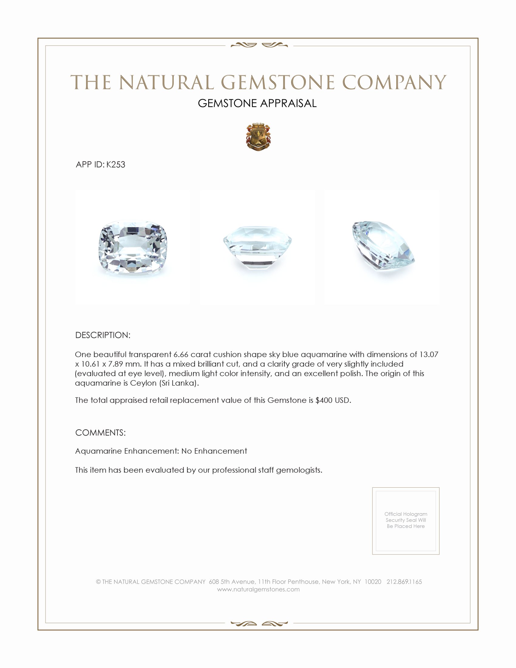 6.66 Ct. Aquamarine from Ceylon (Sri Lanka)