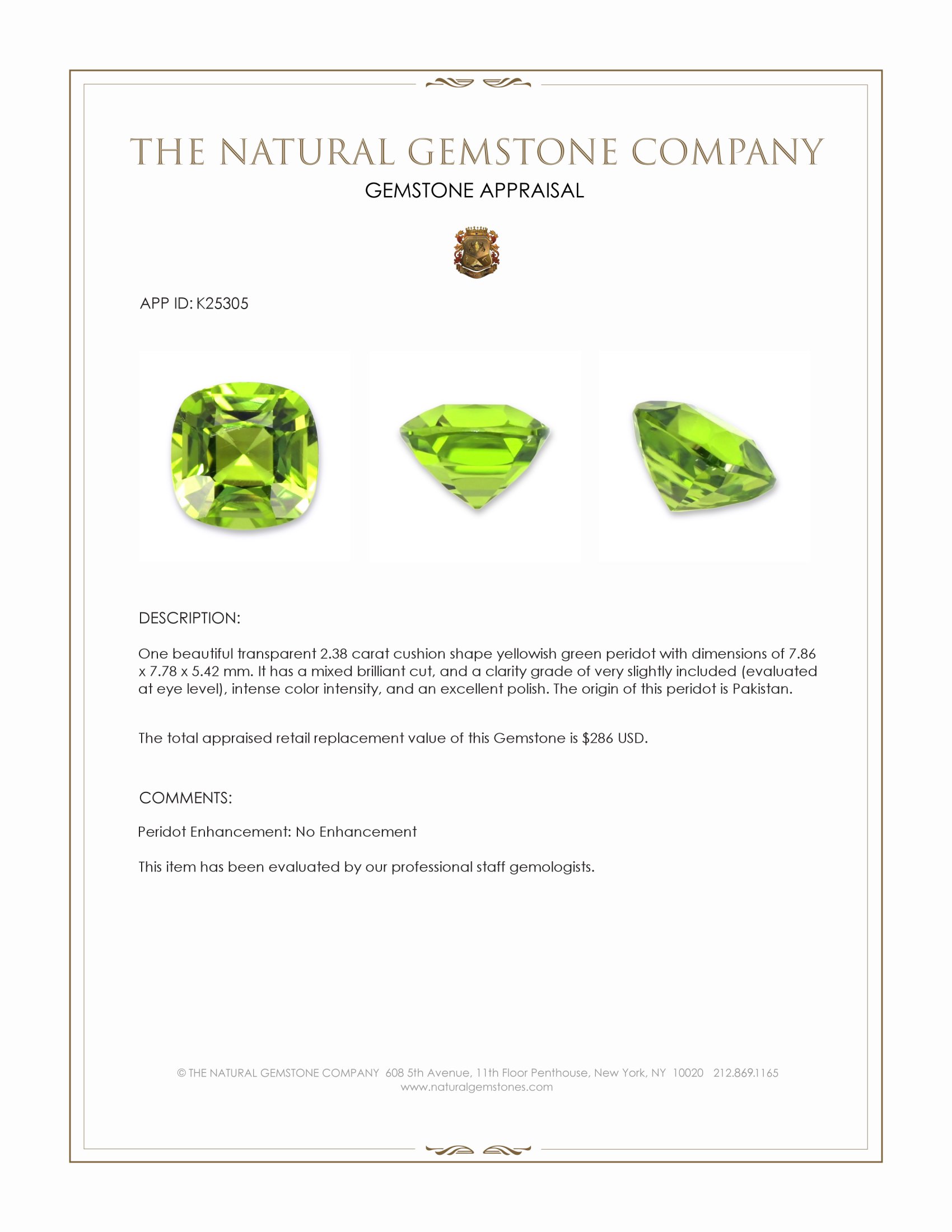 2.38 Ct. Yellowish Green Peridot from Pakistan