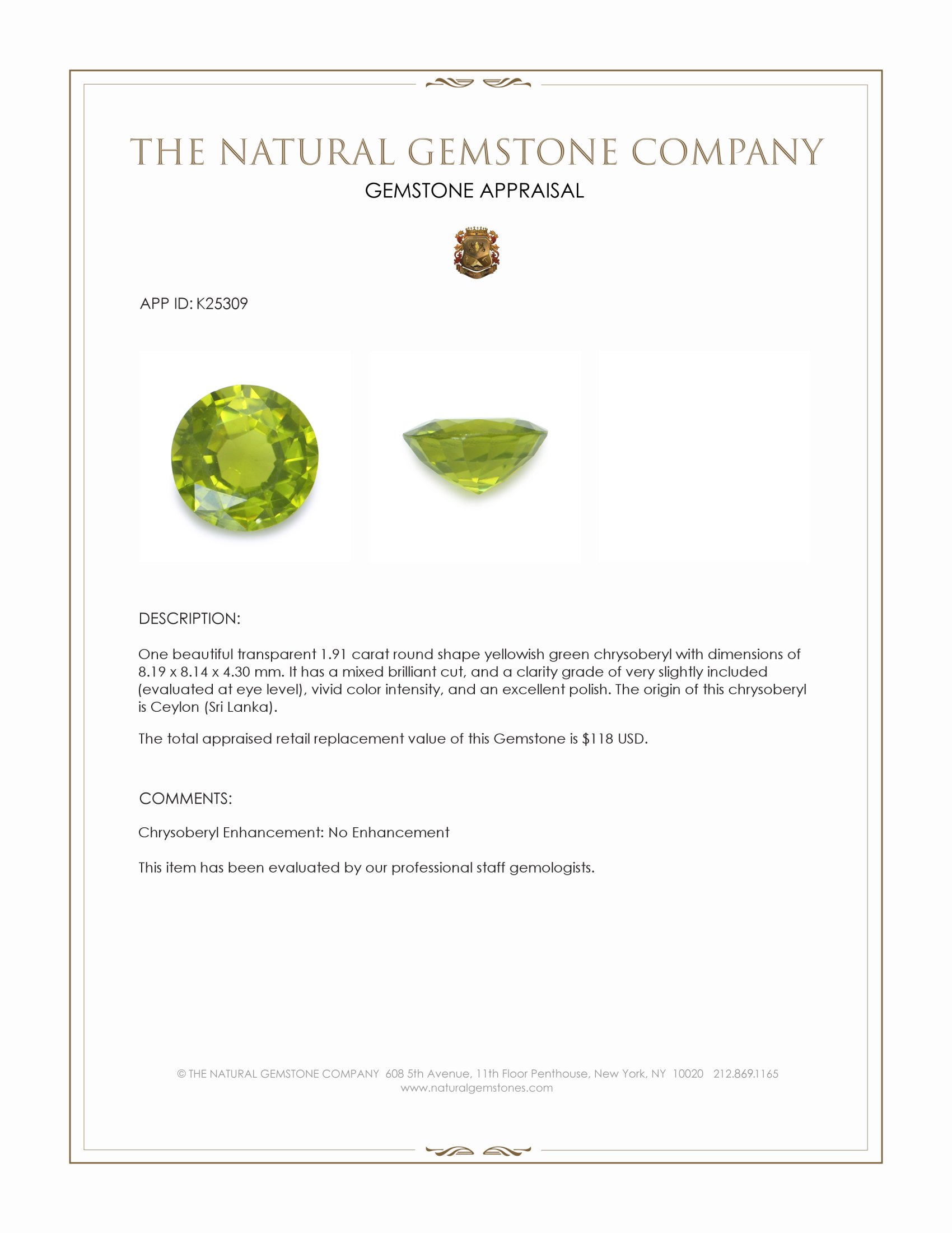 1.91 Ct. Yellowish Green Chrysoberyl from Ceylon (Sri Lanka)