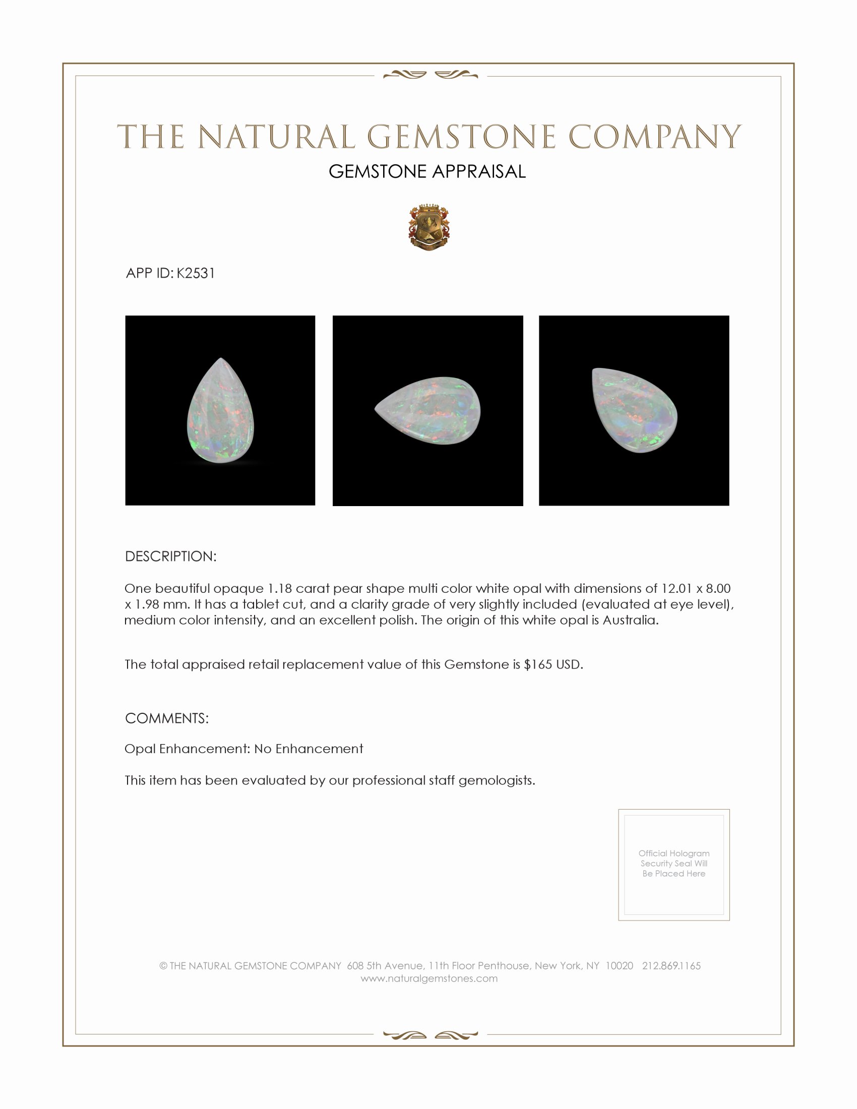 1.18 Ct. White Opal from Australia