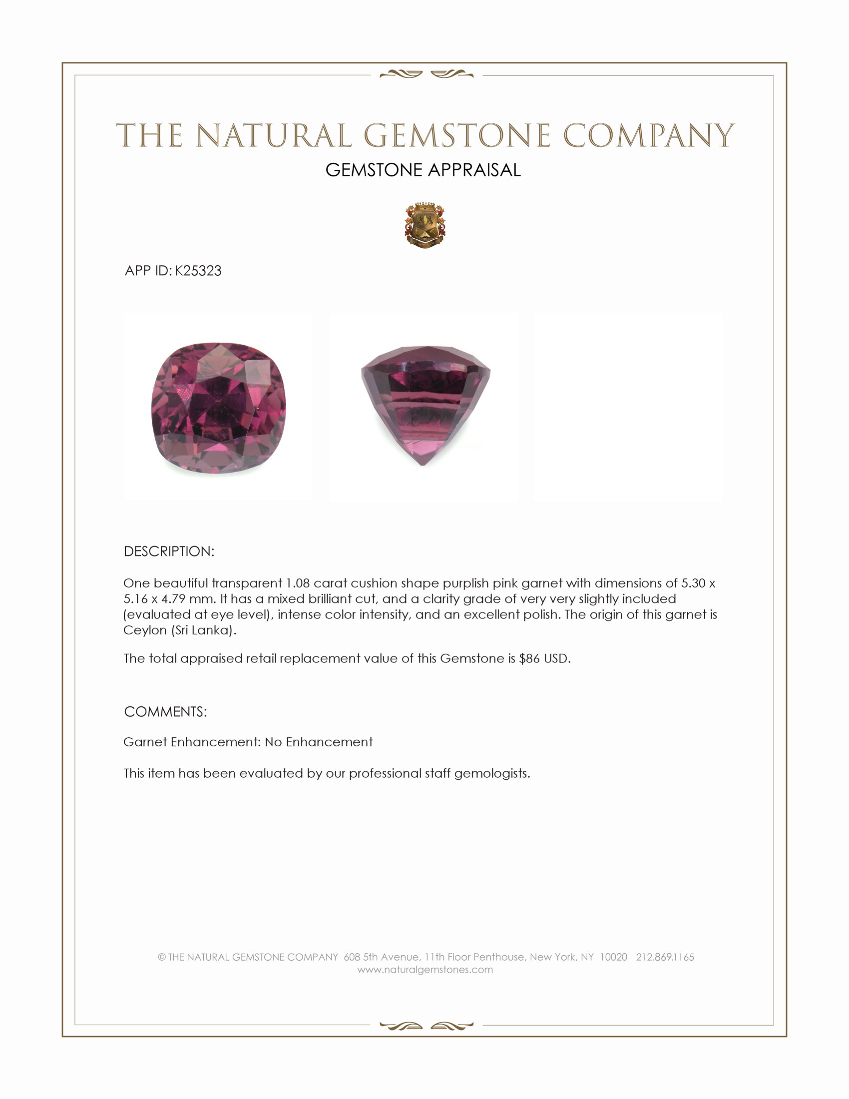 1.08 Ct. Purplish Pink Garnet from Ceylon (Sri Lanka)