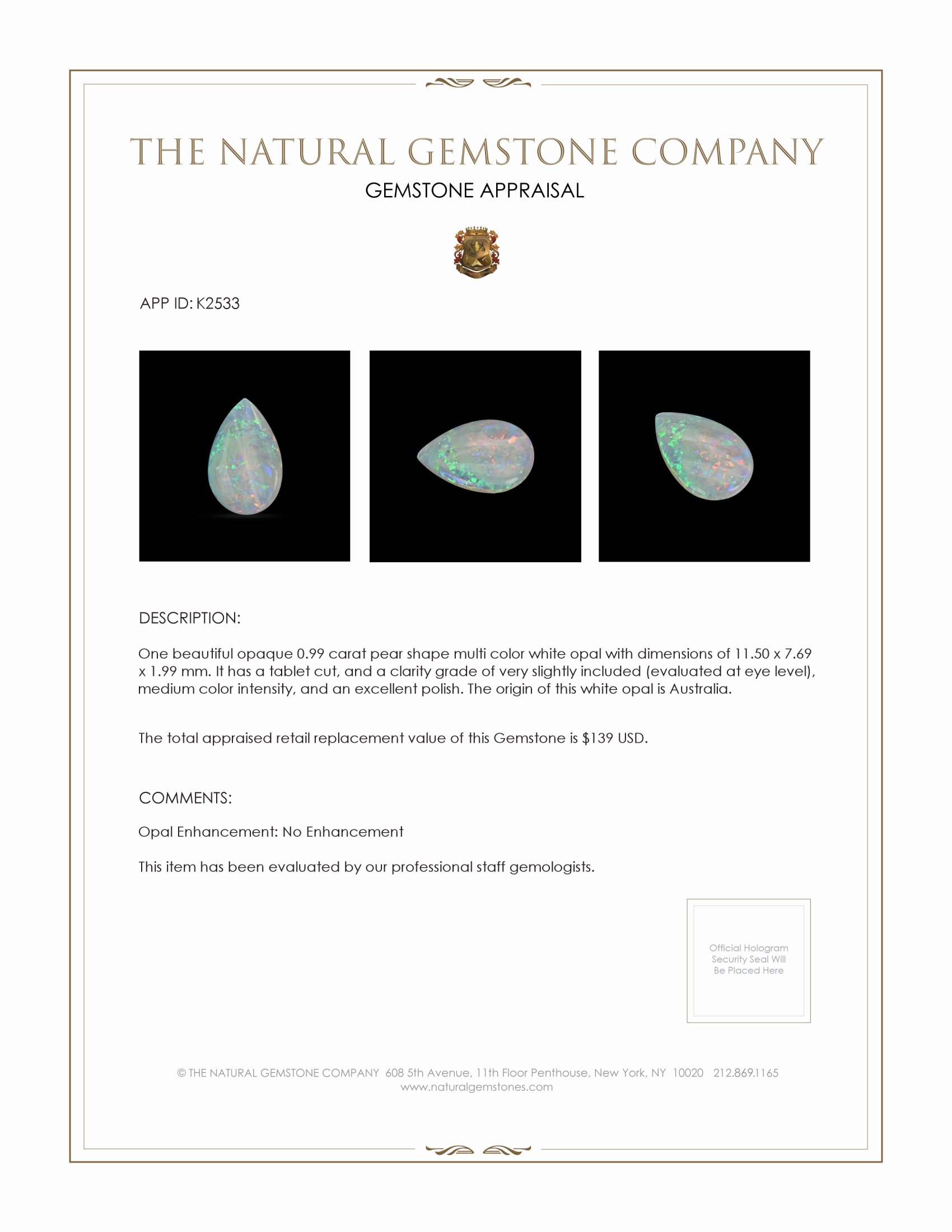 0.99 Ct. White Opal from Australia