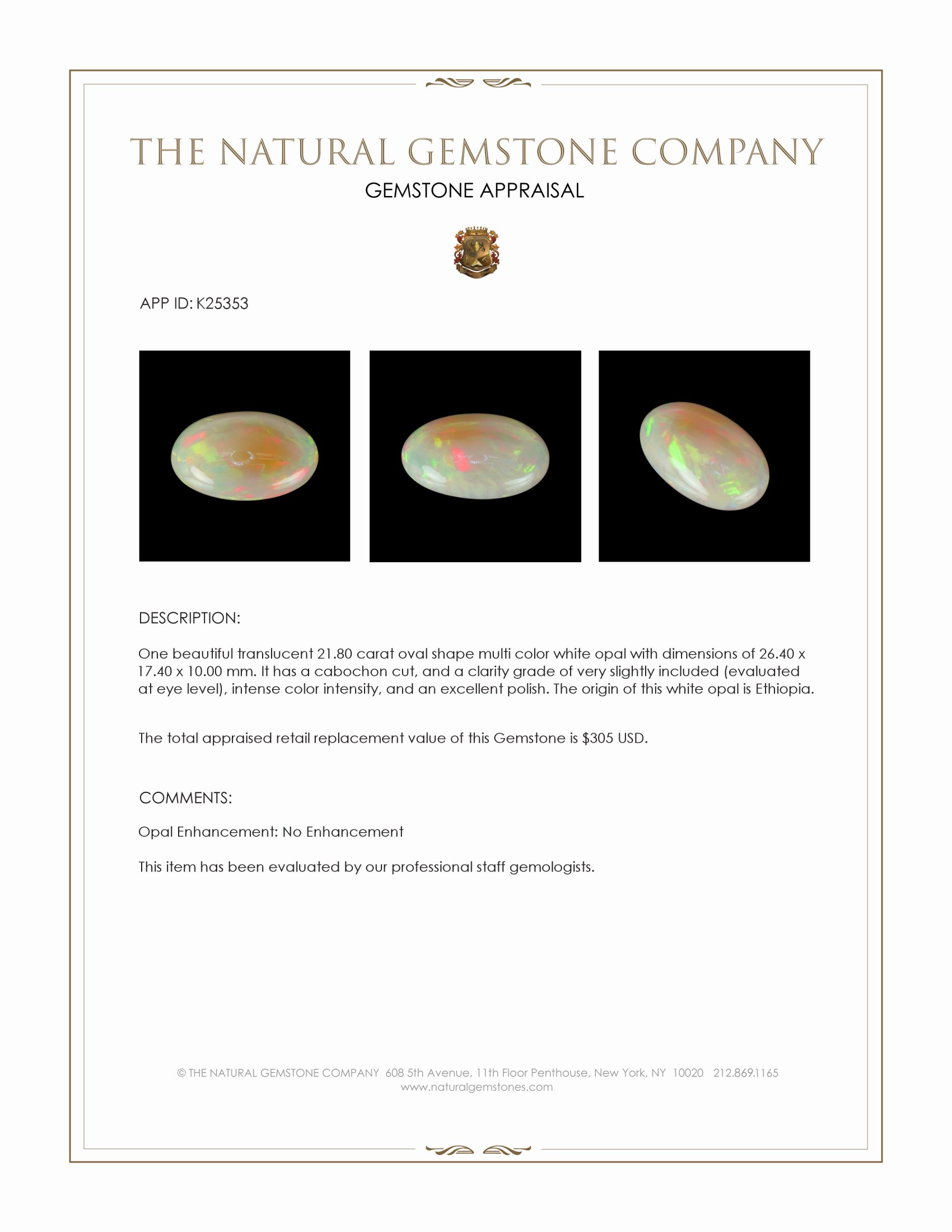 21.80 Ct. Multi Color Cabochon White Opal (Light Opal) from Ethiopia