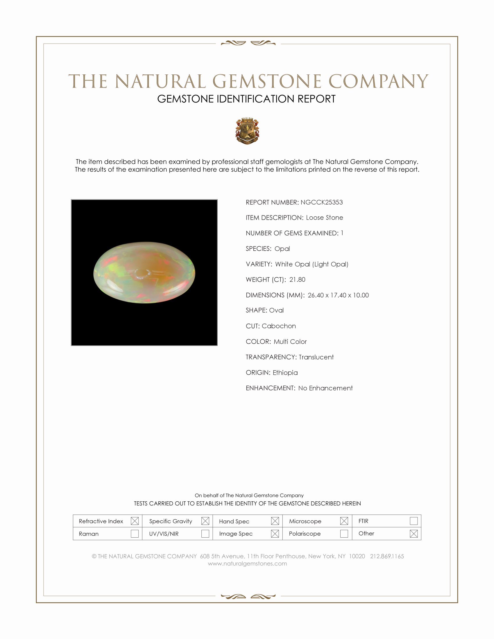 21.80 Ct. Multi Color Cabochon White Opal (Light Opal) from Ethiopia