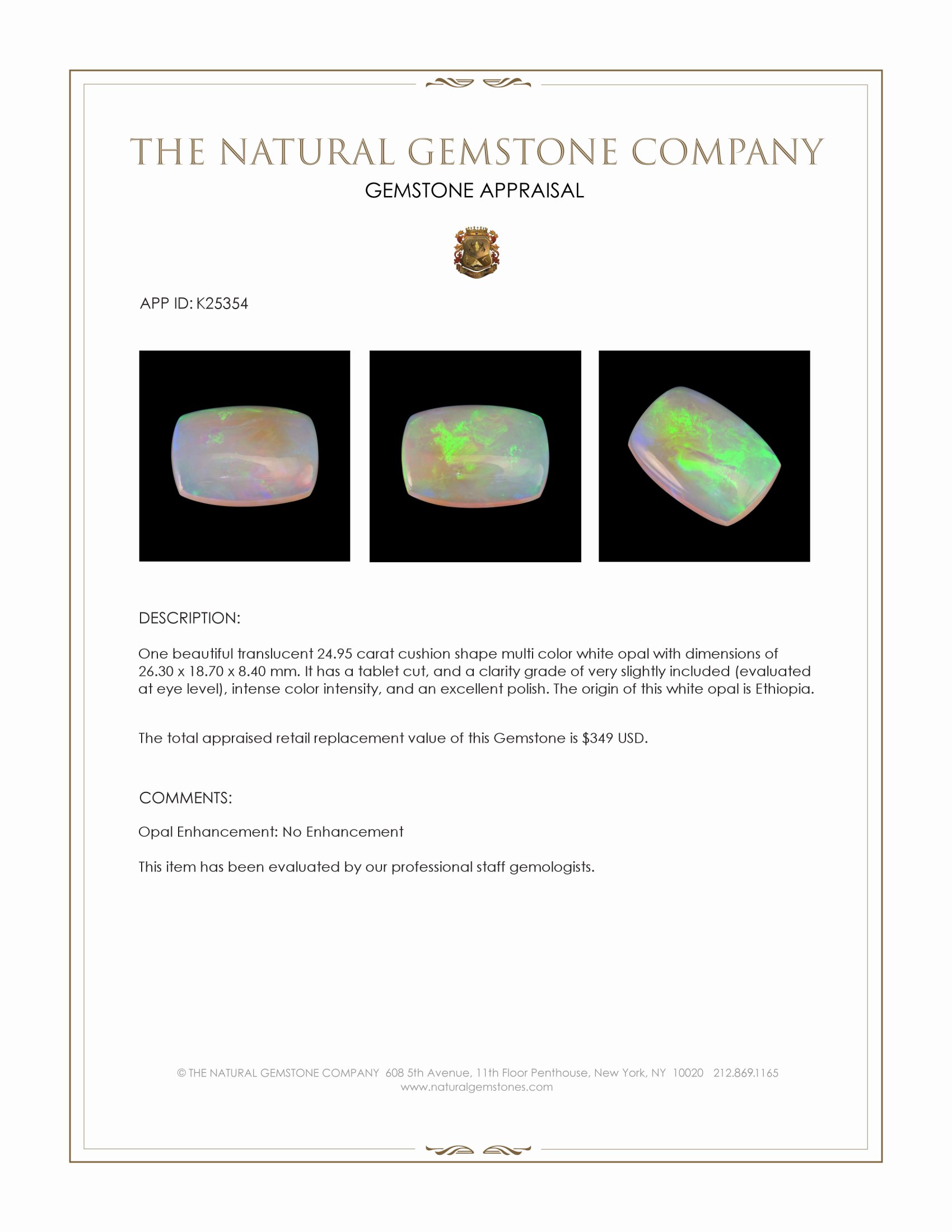 24.95 Ct. Multi Color White Opal from Ethiopia