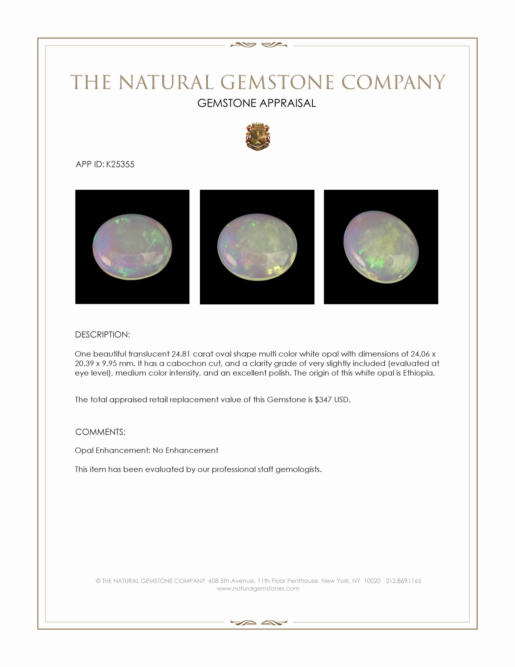 24.81 Ct. Multi Color Cabochon White Opal from Ethiopia