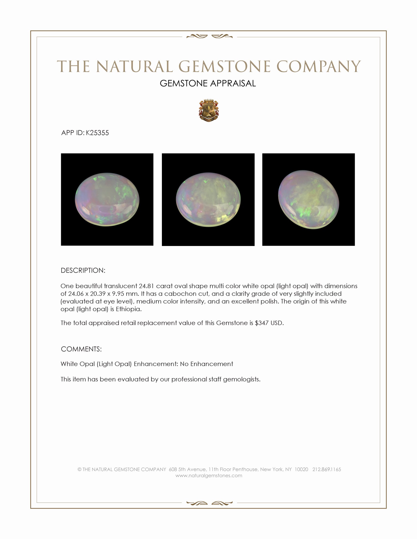 24.81 Ct. Multi Color Cabochon White Opal (Light Opal) from Ethiopia