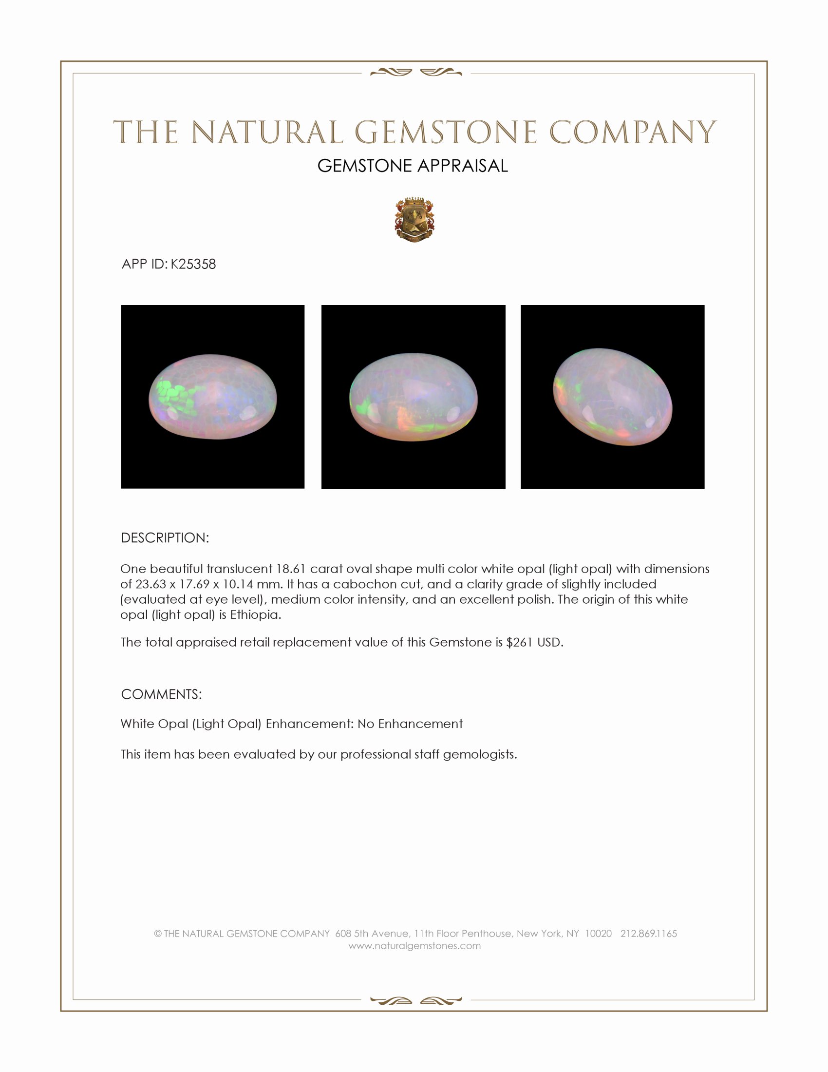 18.61 Ct. Multi Color Cabochon White Opal (Light Opal) from Ethiopia