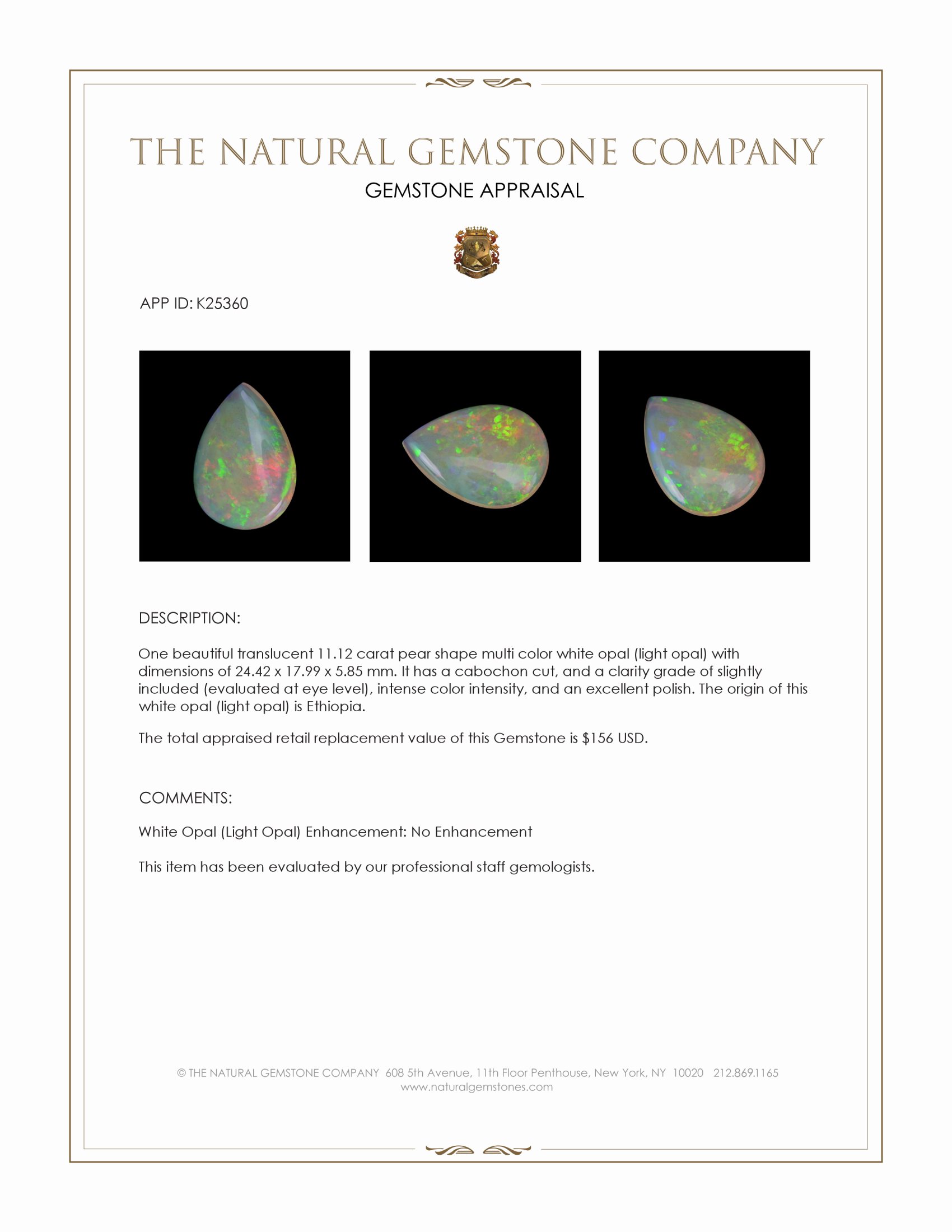 11.12 Ct. Multi Color Cabochon White Opal (Light Opal) from Ethiopia