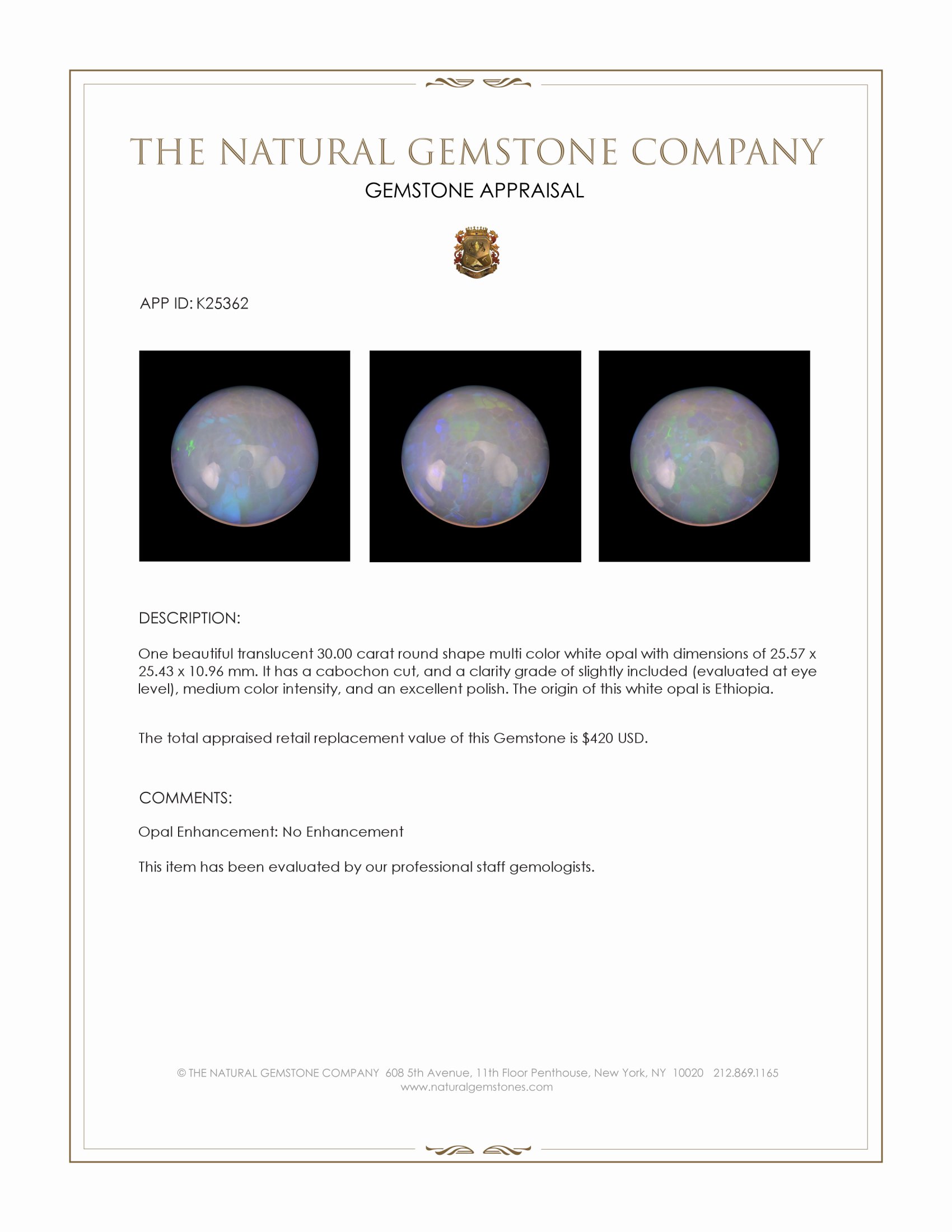 30.00 Ct. Multi Color Cabochon White Opal from Ethiopia
