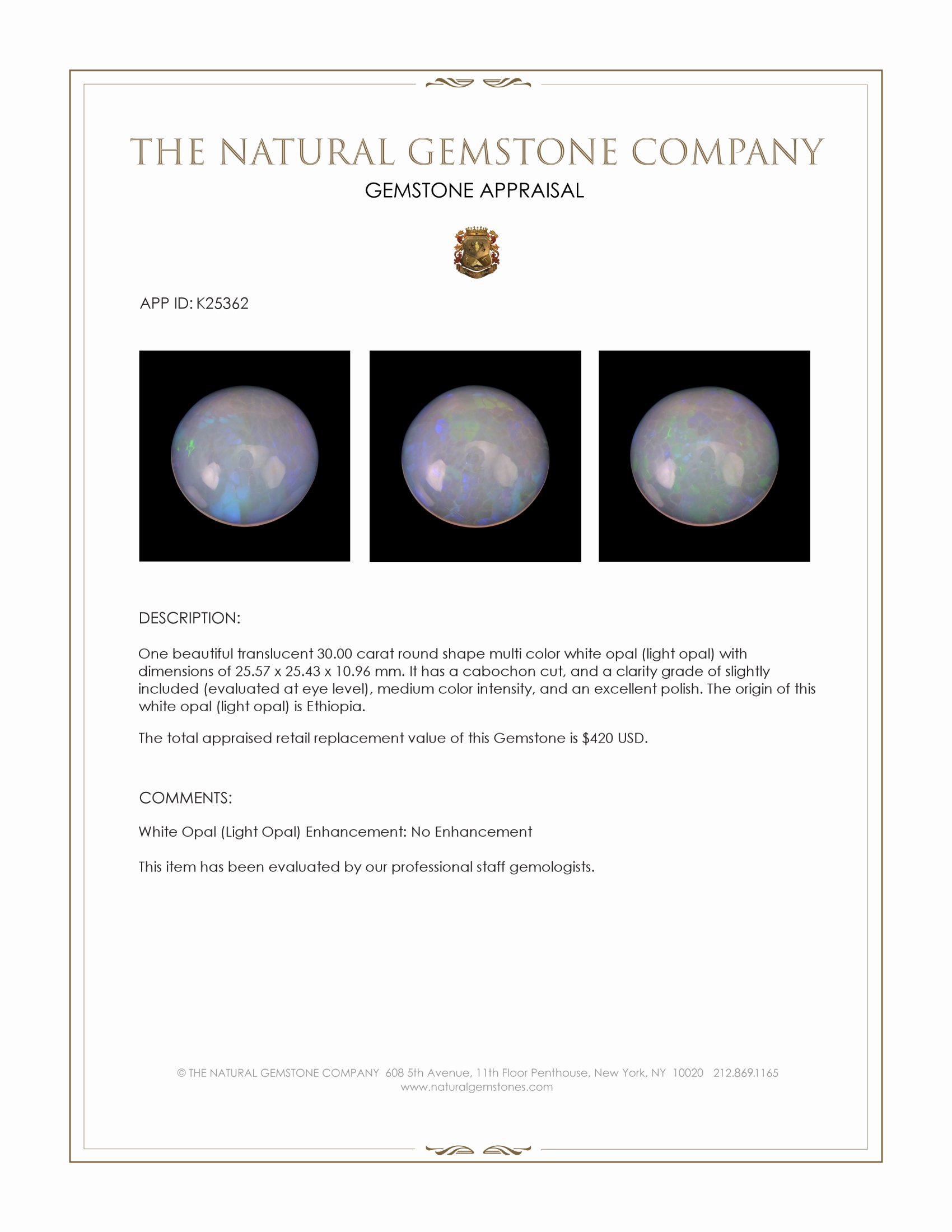 30.00 Ct. Multi Color Cabochon White Opal (Light Opal) from Ethiopia