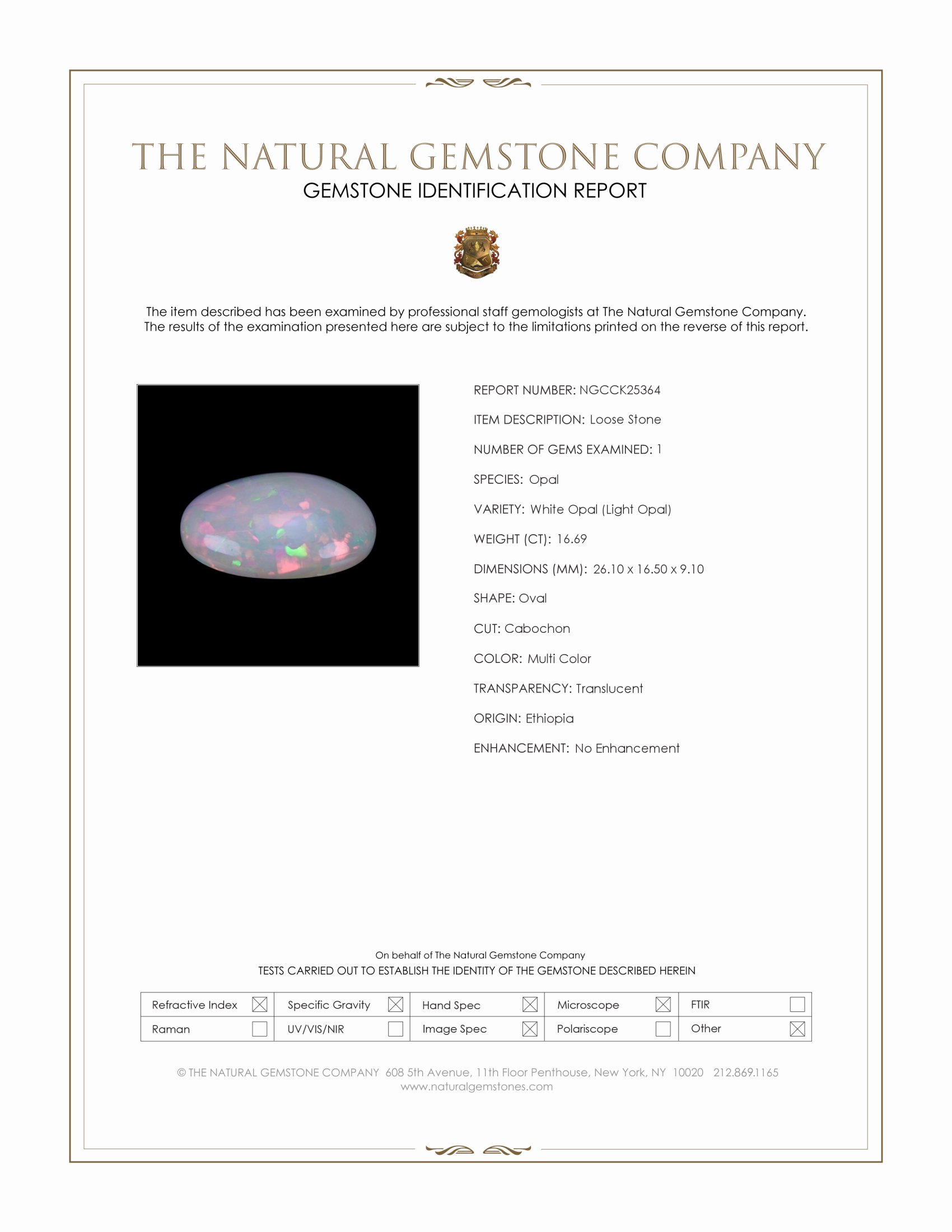 16.69 Ct. Multi Color Cabochon White Opal (Light Opal) from Ethiopia