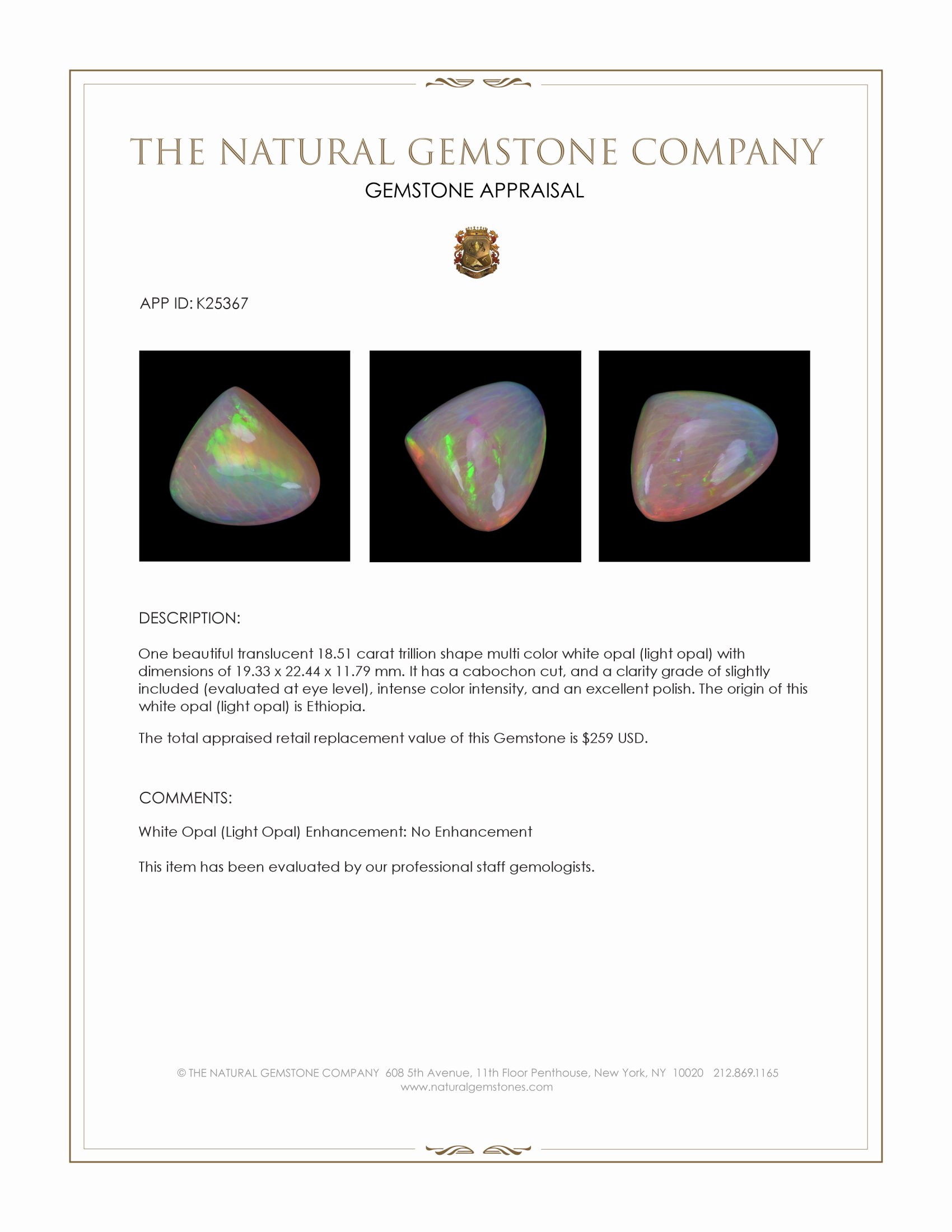 18.51 Ct. Multi Color Cabochon White Opal (Light Opal) from Ethiopia