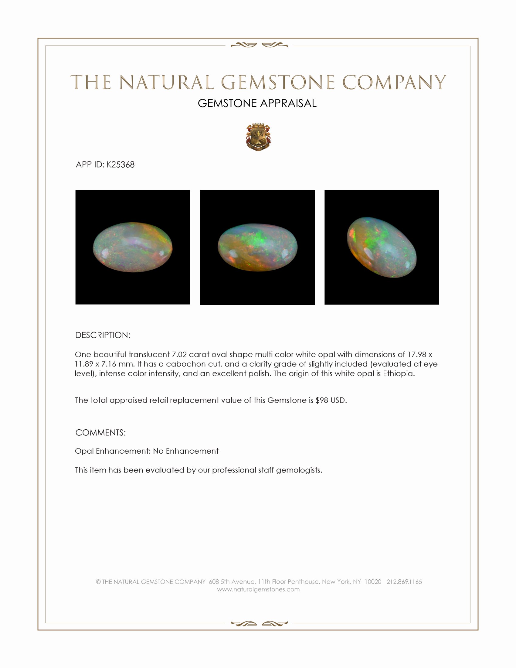7.02 Ct. Multi Color Cabochon White Opal from Ethiopia