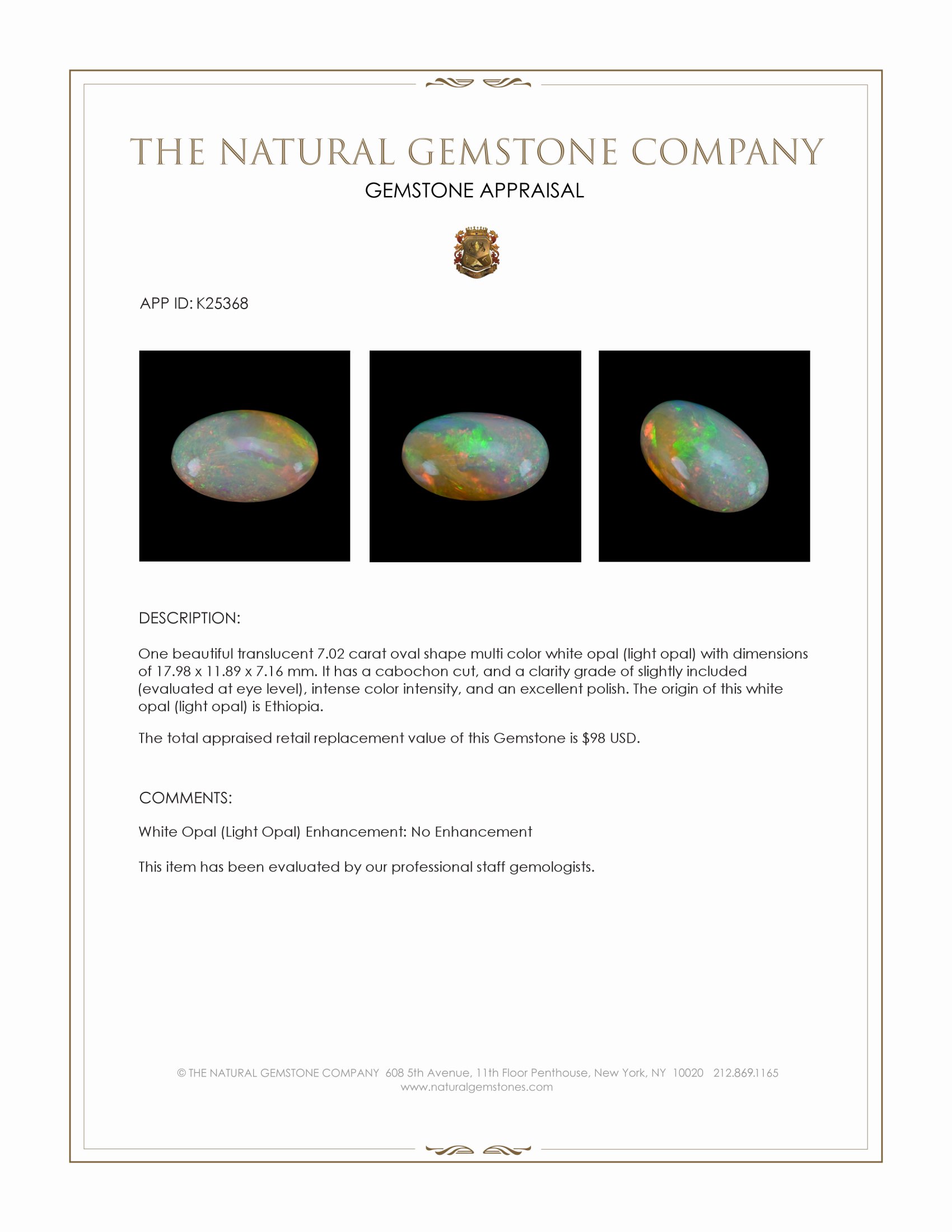 7.02 Ct. Multi Color Cabochon White Opal (Light Opal) from Ethiopia