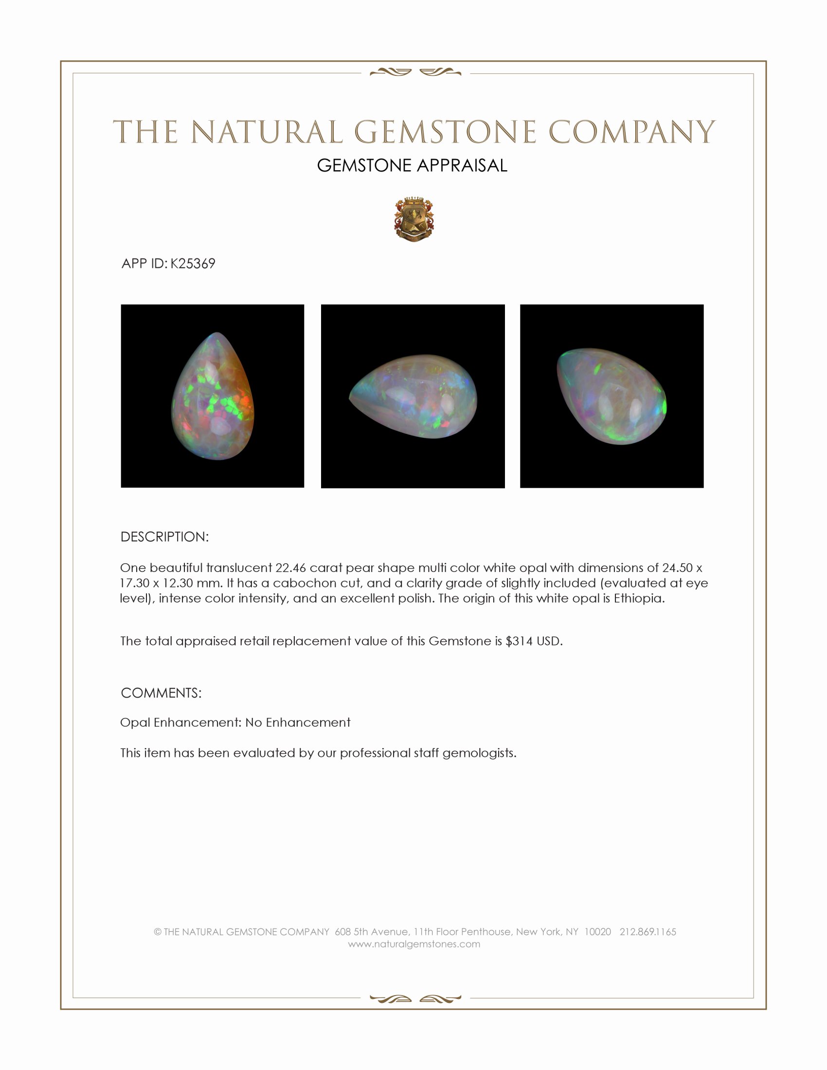 22.46 Ct. Multi Color Cabochon White Opal from Ethiopia