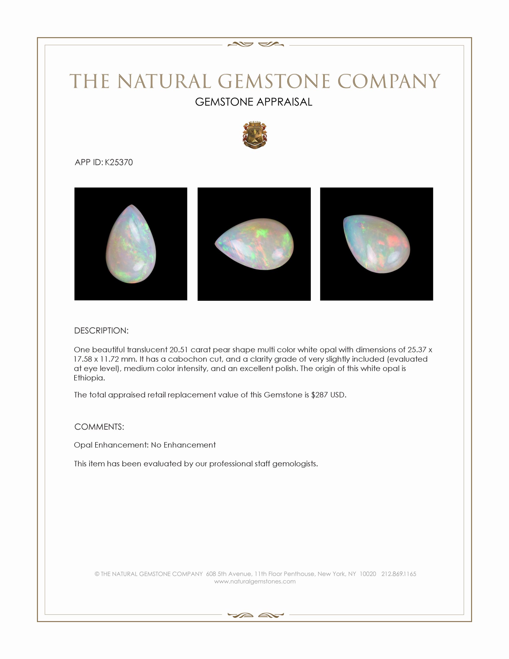 20.51 Ct. Multi Color Cabochon White Opal from Ethiopia