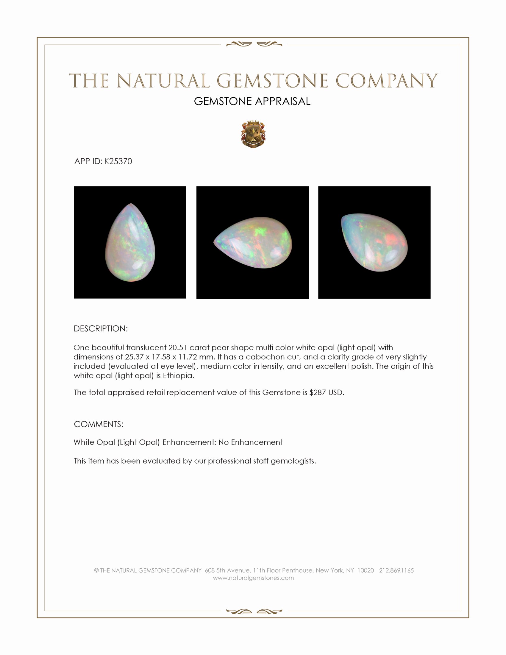 20.51 Ct. Multi Color Cabochon White Opal (Light Opal) from Ethiopia