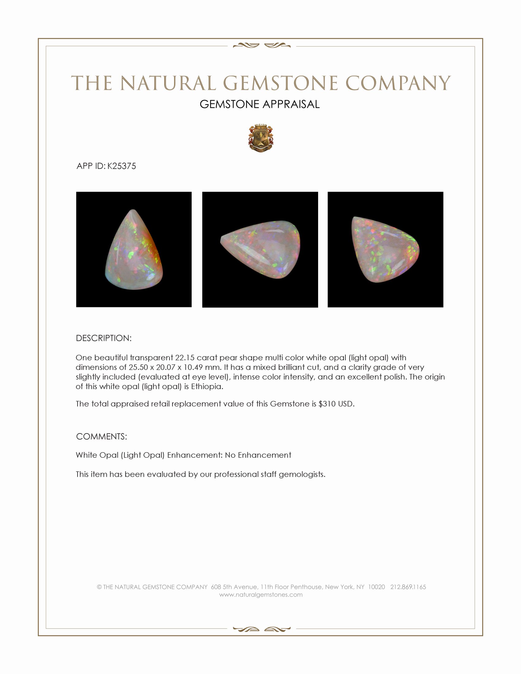 22.15 Ct. Multi Color White Opal (Light Opal) from Ethiopia