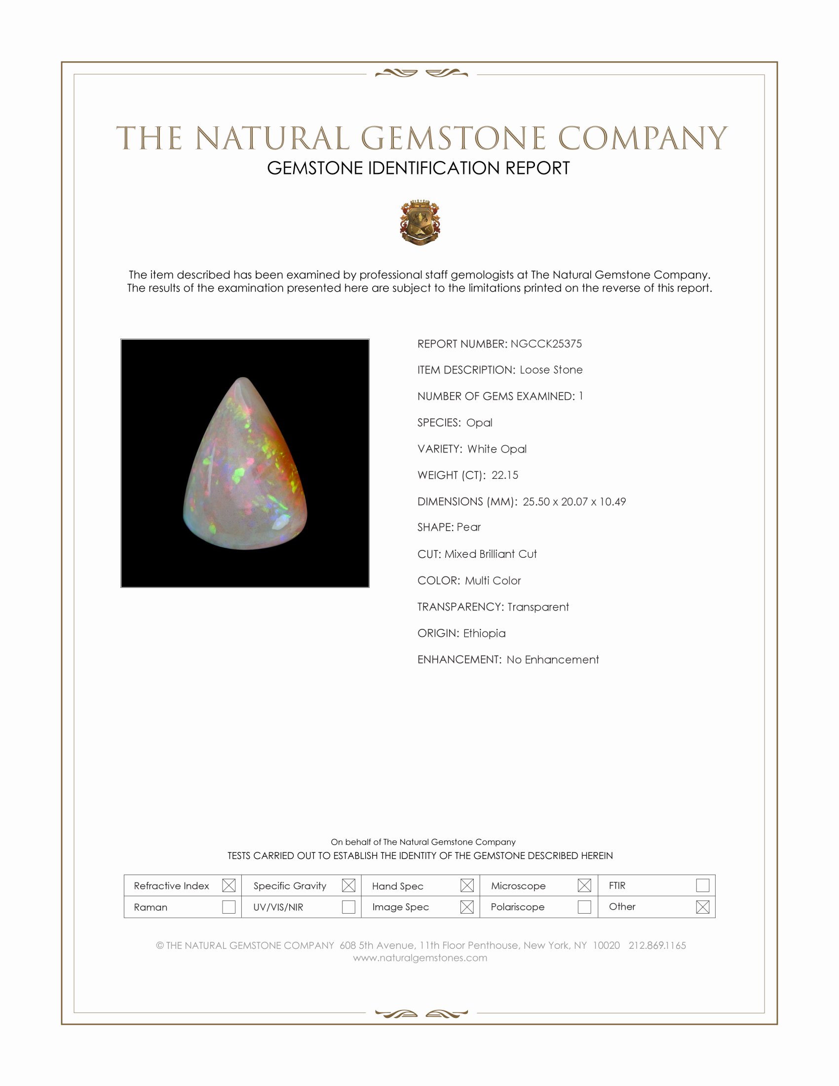 22.15 Ct. Multi Color White Opal from Ethiopia