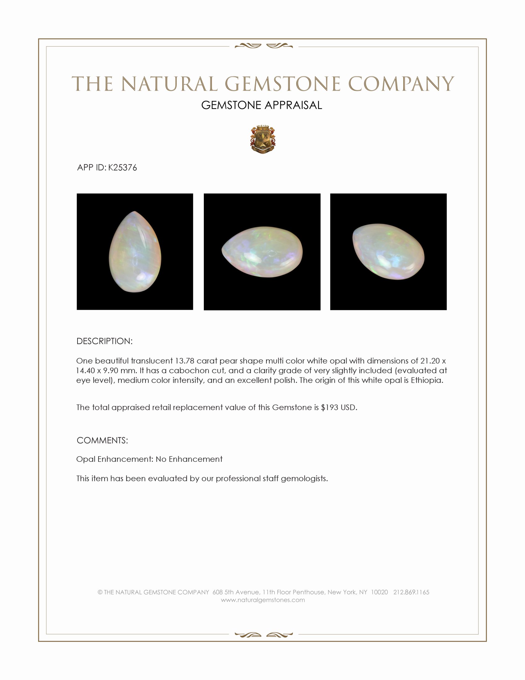 13.78 Ct. Multi Color Cabochon White Opal from Ethiopia