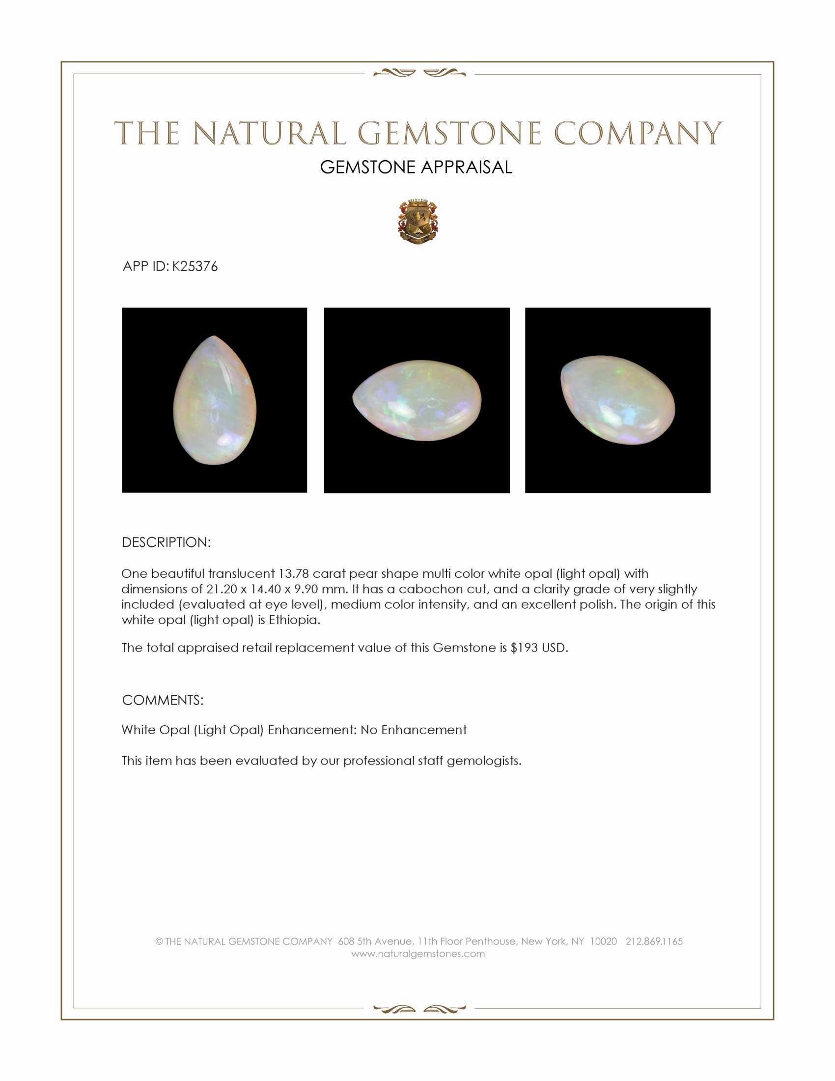 13.78 Ct. Multi Color Cabochon White Opal (Light Opal) from Ethiopia