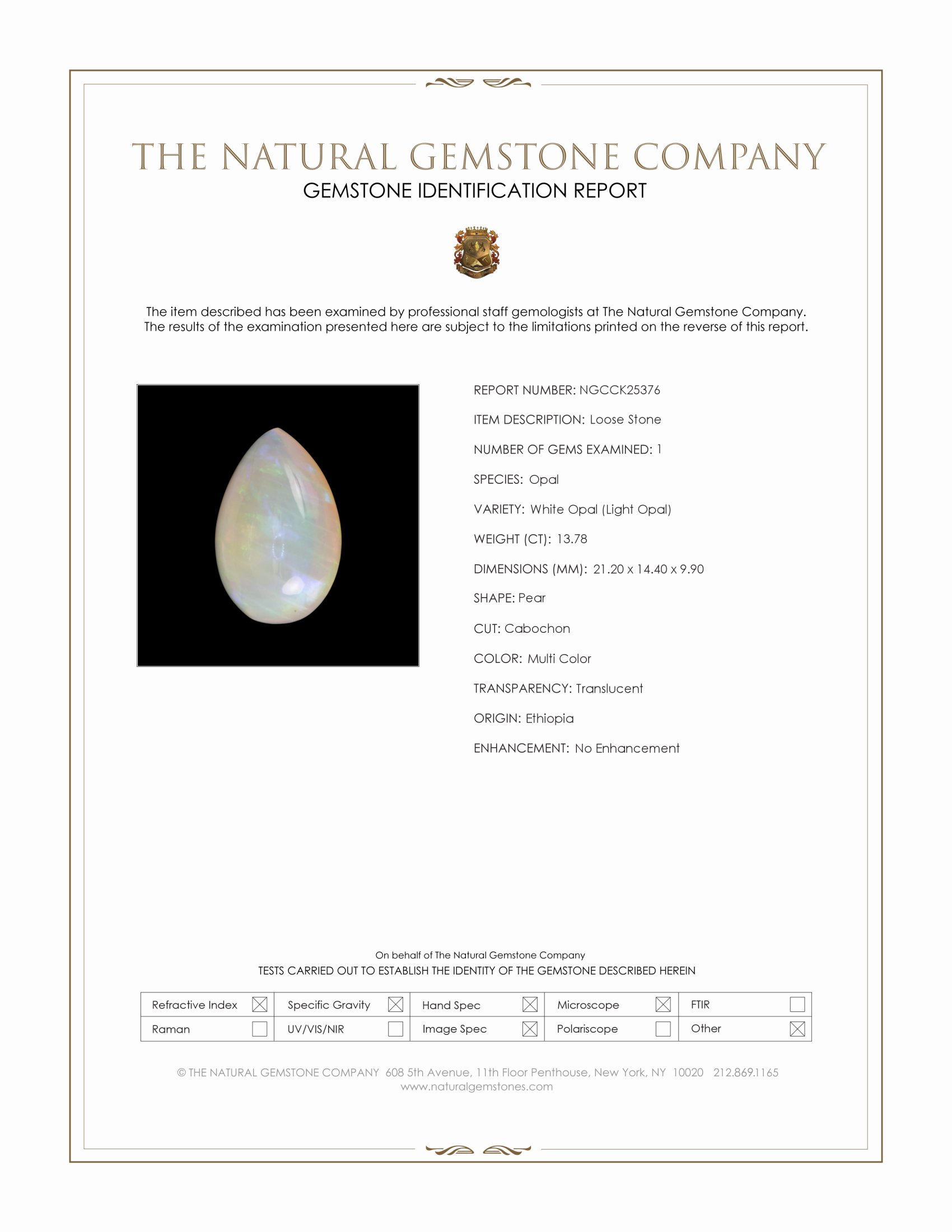 13.78 Ct. Multi Color Cabochon White Opal (Light Opal) from Ethiopia