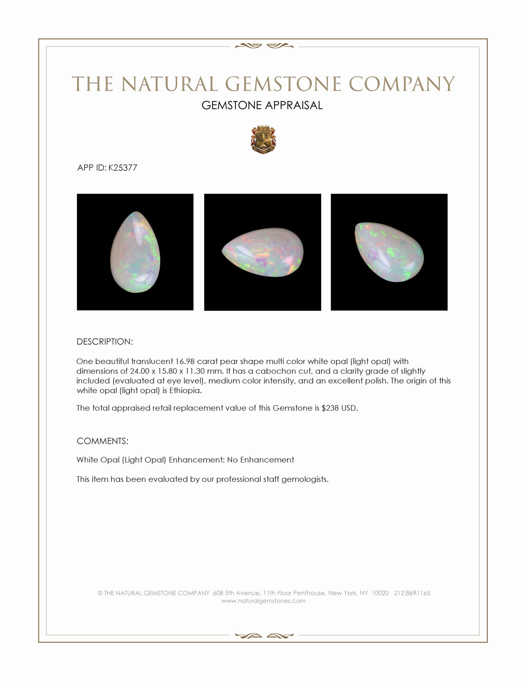 16.98 Ct. Multi Color Cabochon White Opal (Light Opal) from Ethiopia