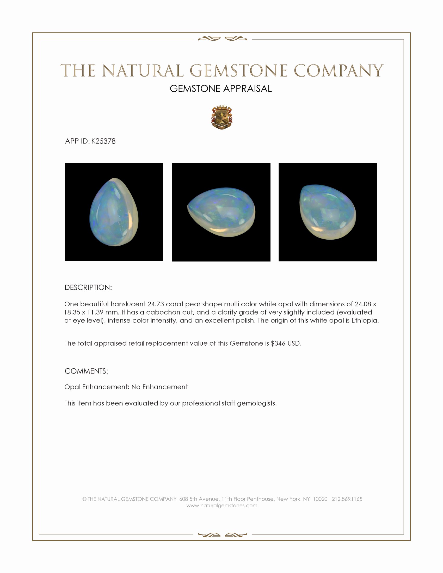 24.73 Ct. Multi Color Cabochon White Opal from Ethiopia