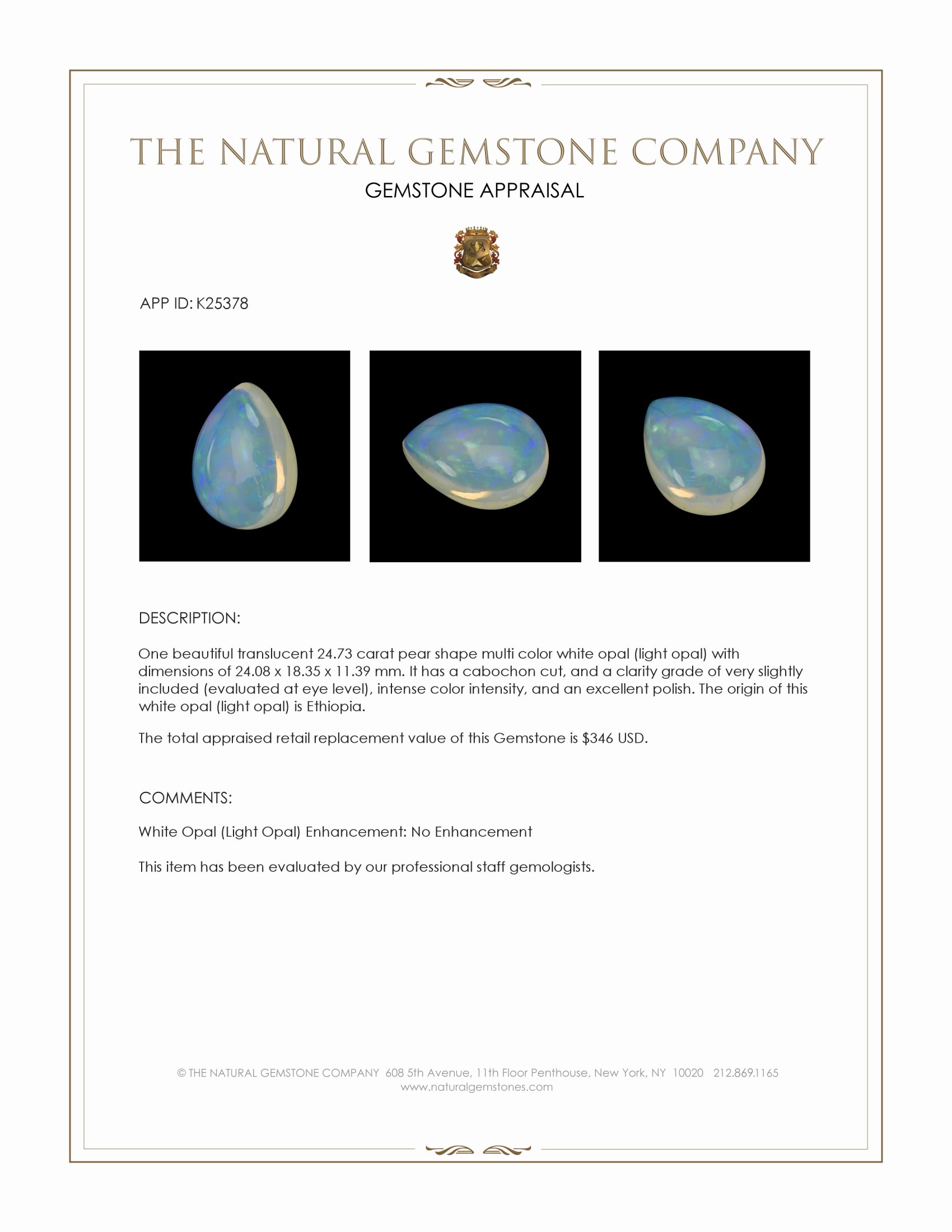 24.73 Ct. Multi Color Cabochon White Opal (Light Opal) from Ethiopia