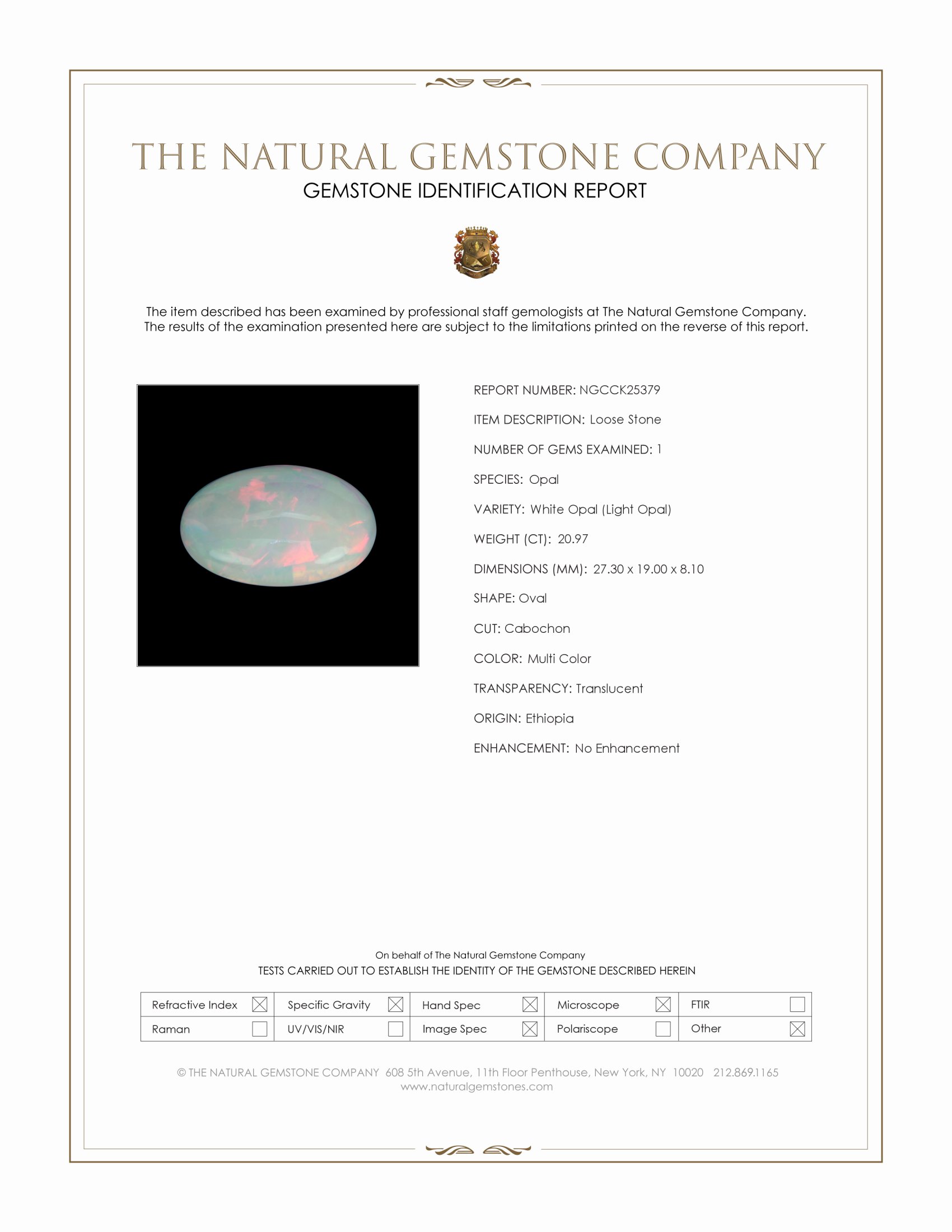 20.97 Ct. Multi Color Cabochon White Opal (Light Opal) from Ethiopia