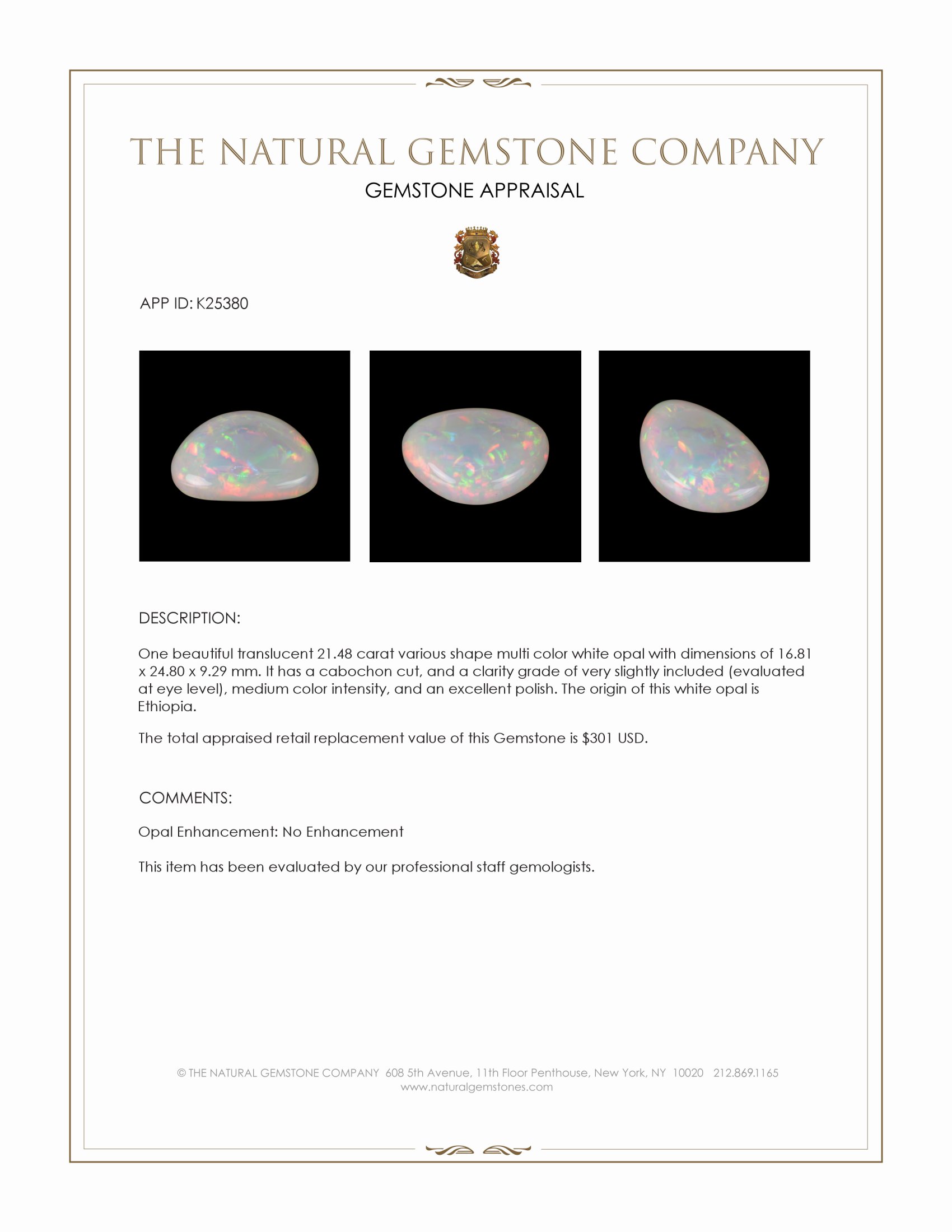 21.48 Ct. Multi Color Cabochon White Opal from Ethiopia