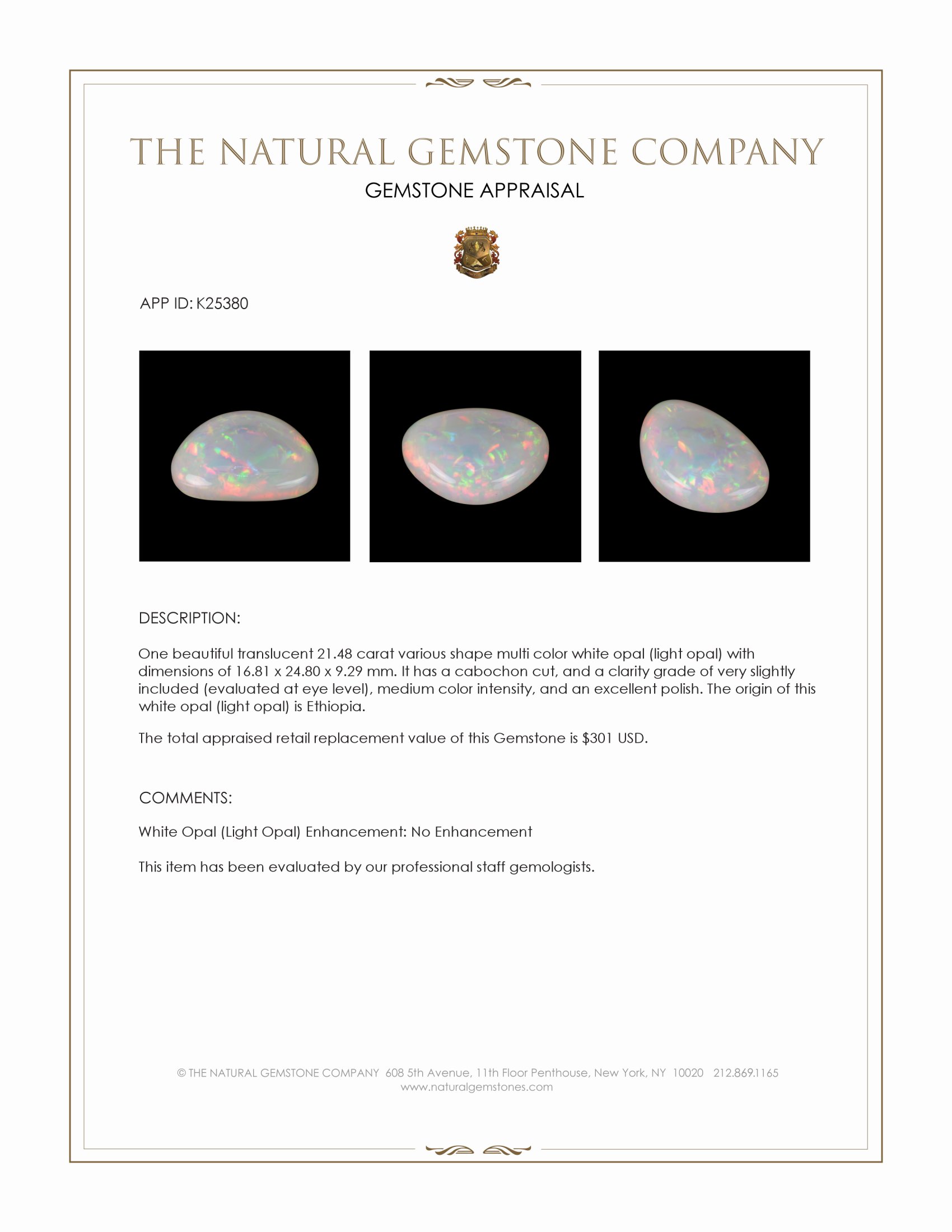 21.48 Ct. Multi Color Cabochon White Opal (Light Opal) from Ethiopia
