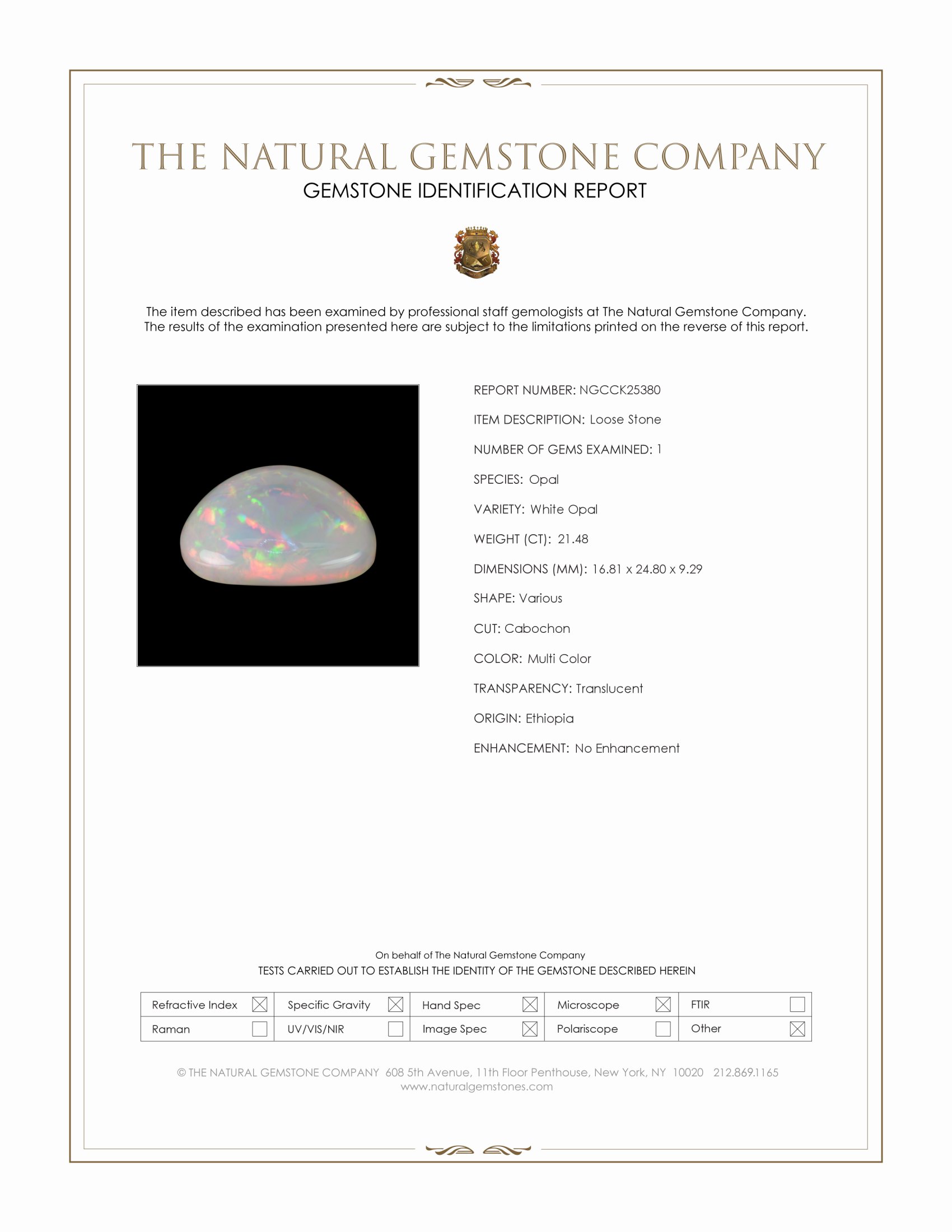 21.48 Ct. Multi Color Cabochon White Opal (Light Opal) from Ethiopia