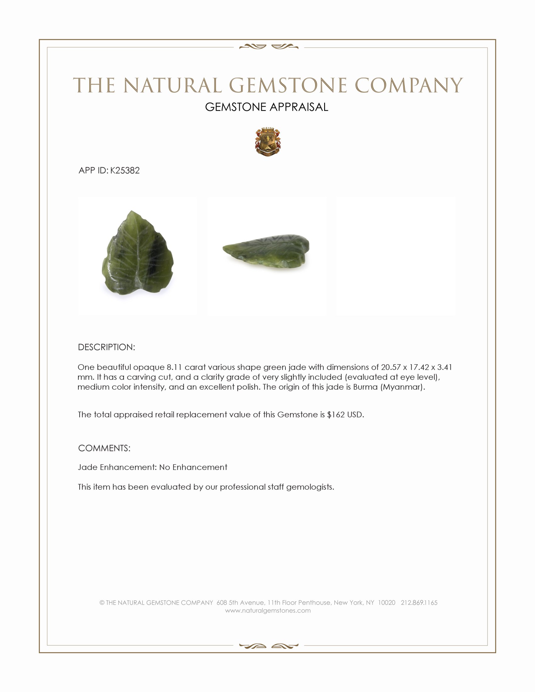 8.11 Ct. Green Jade from Burma (Myanmar)