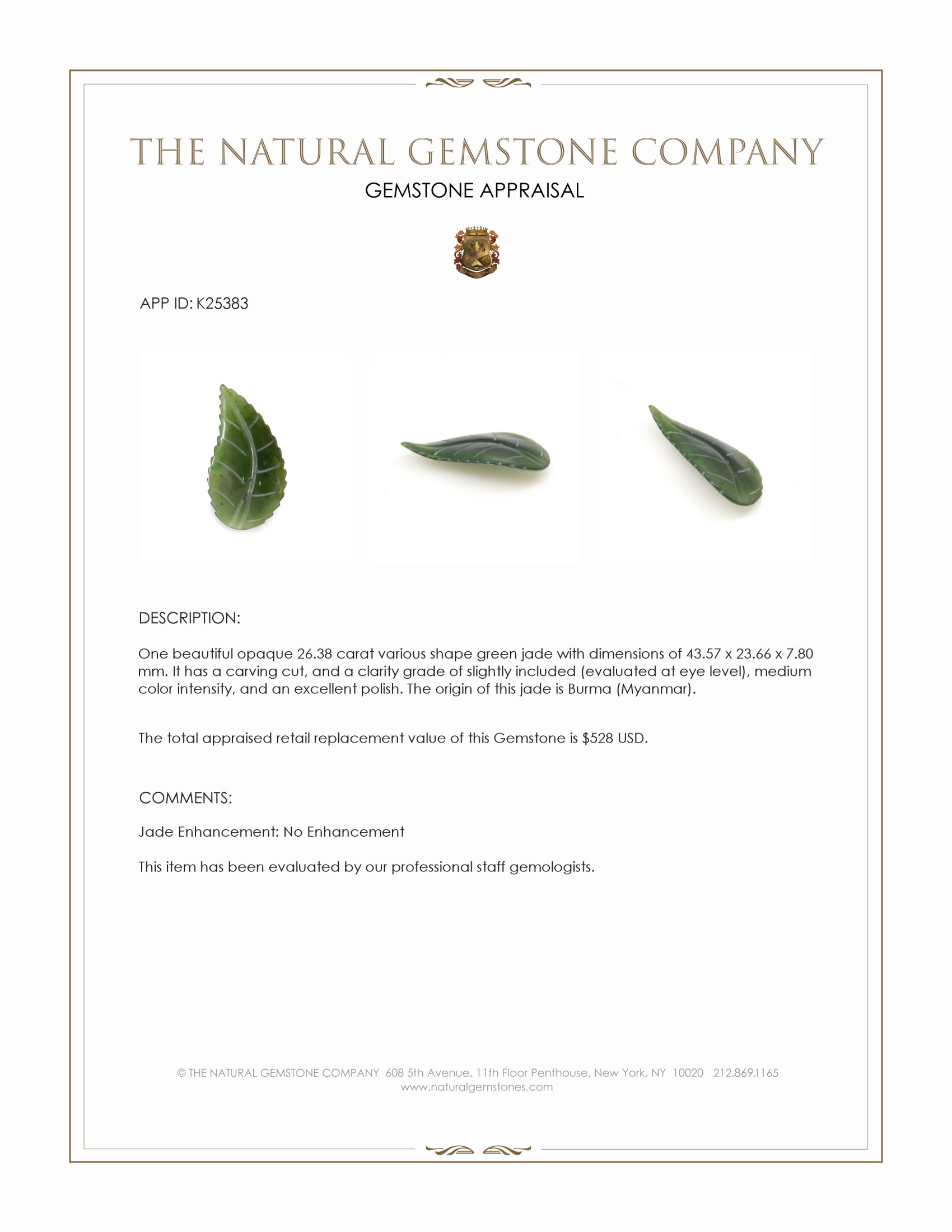 26.38 Ct. Green Jade from Burma (Myanmar)