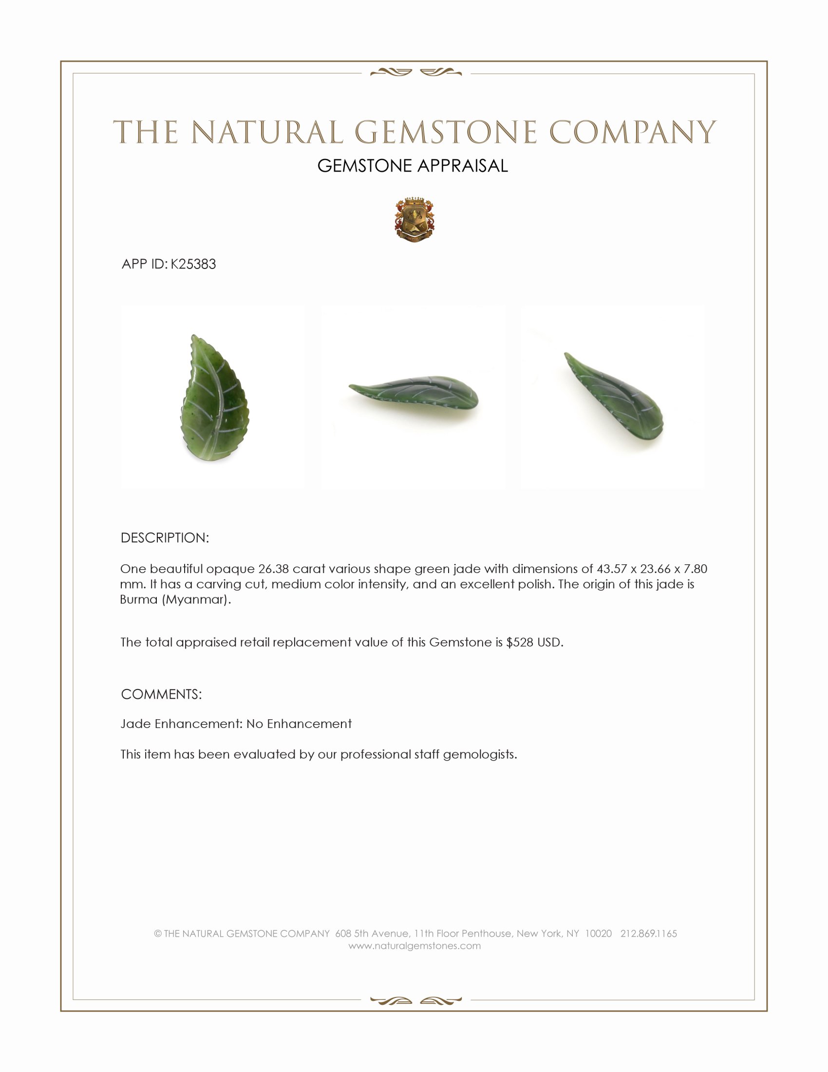 26.38 Ct. Green Jade from Burma (Myanmar)