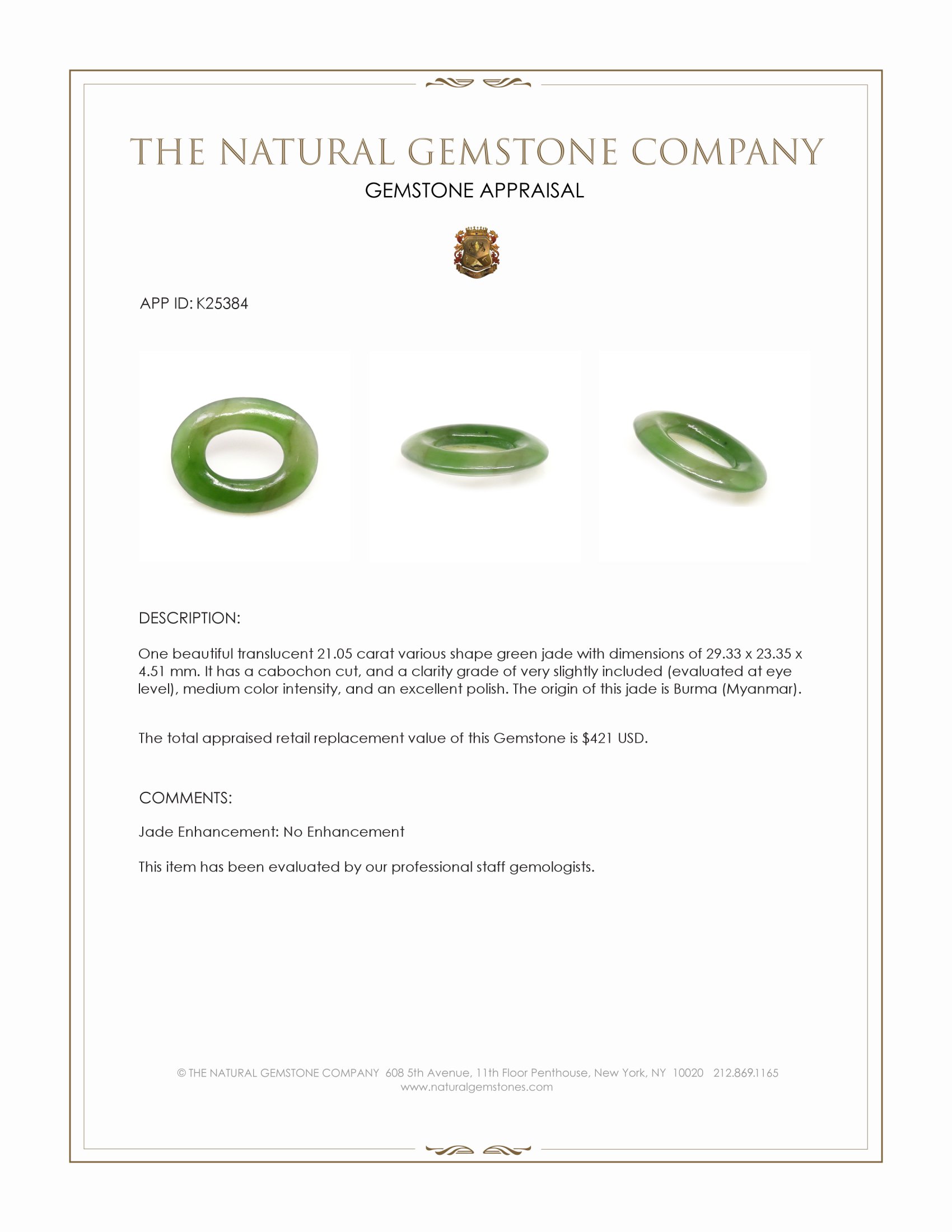 21.05 Ct. Green Cabochon Jade from Burma (Myanmar)