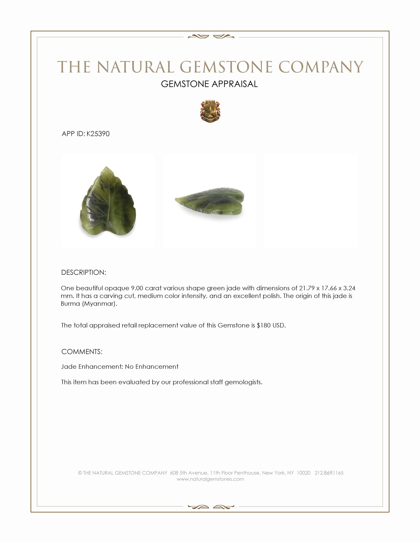 9.00 Ct. Green Jade from Burma (Myanmar)