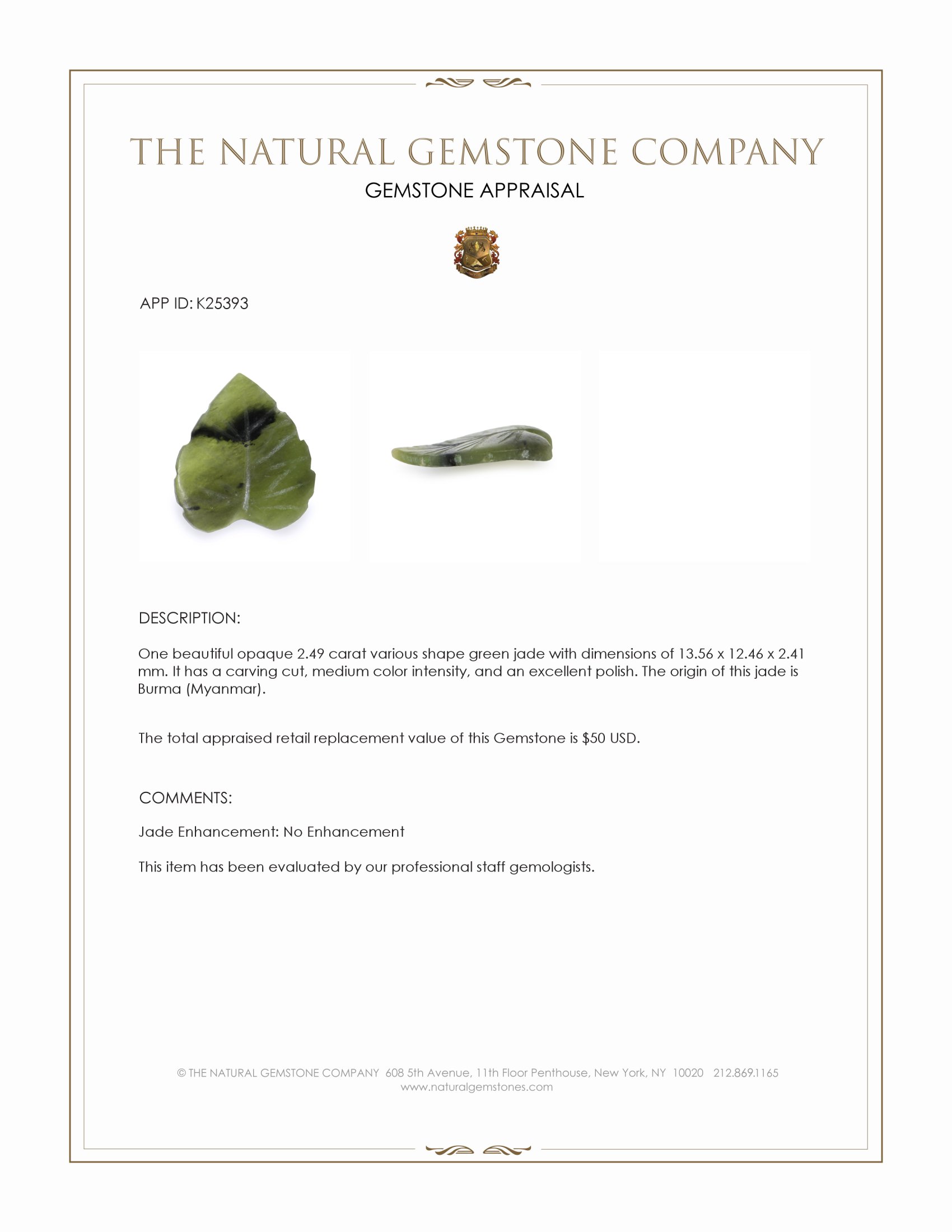 2.49 Ct. Green Jade from Burma (Myanmar)