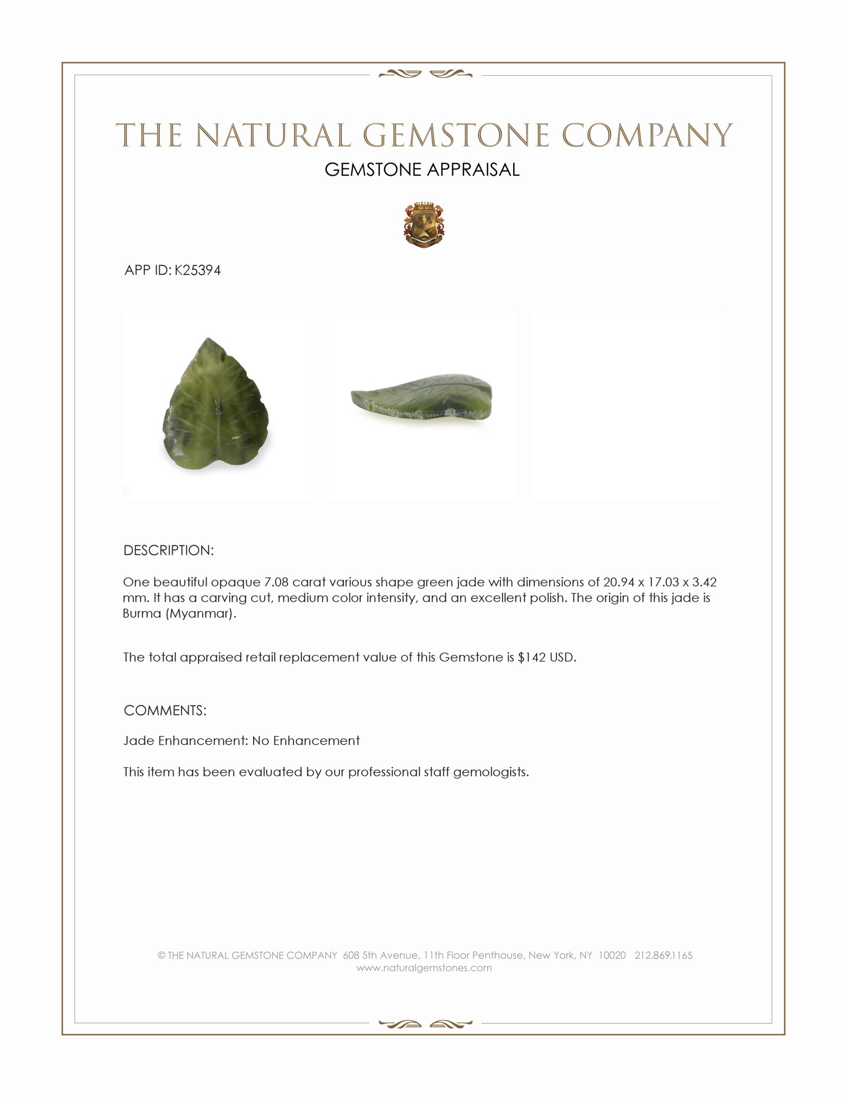 7.08 Ct. Green Jade from Burma (Myanmar)