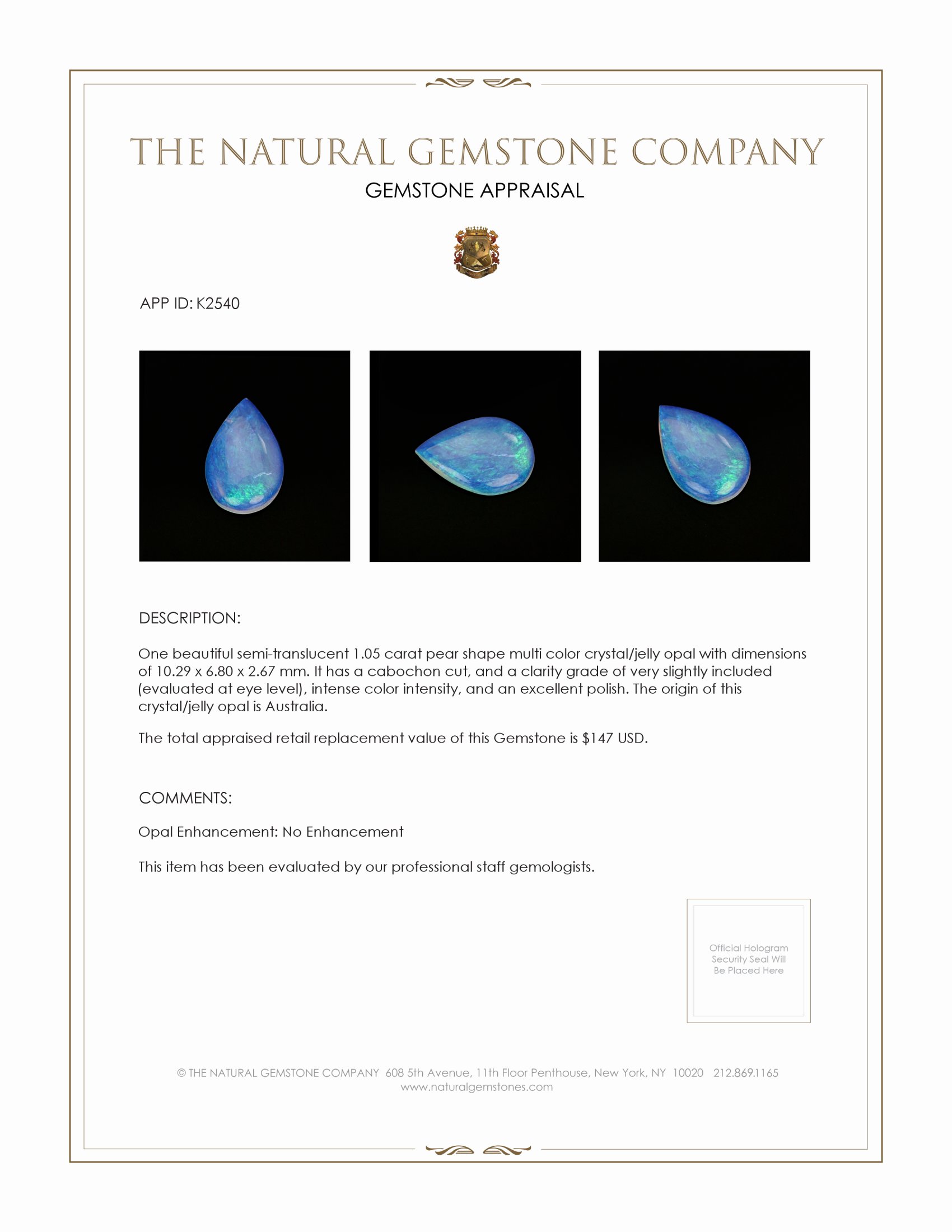 1.05 Ct. Cabochon Crystal/Jelly Opal from Australia