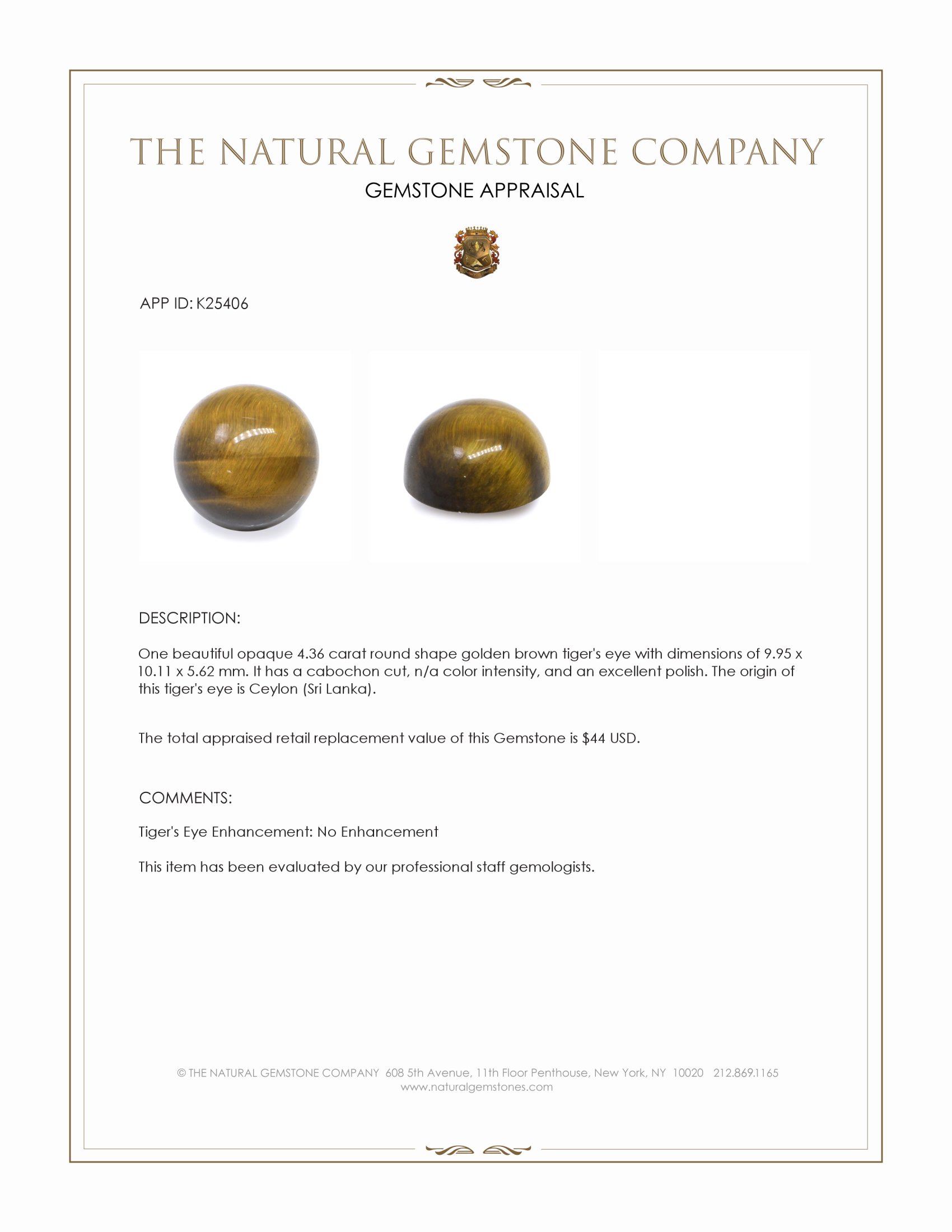 4.36 Ct. Cabochon Tiger's Eye from Ceylon (Sri Lanka)