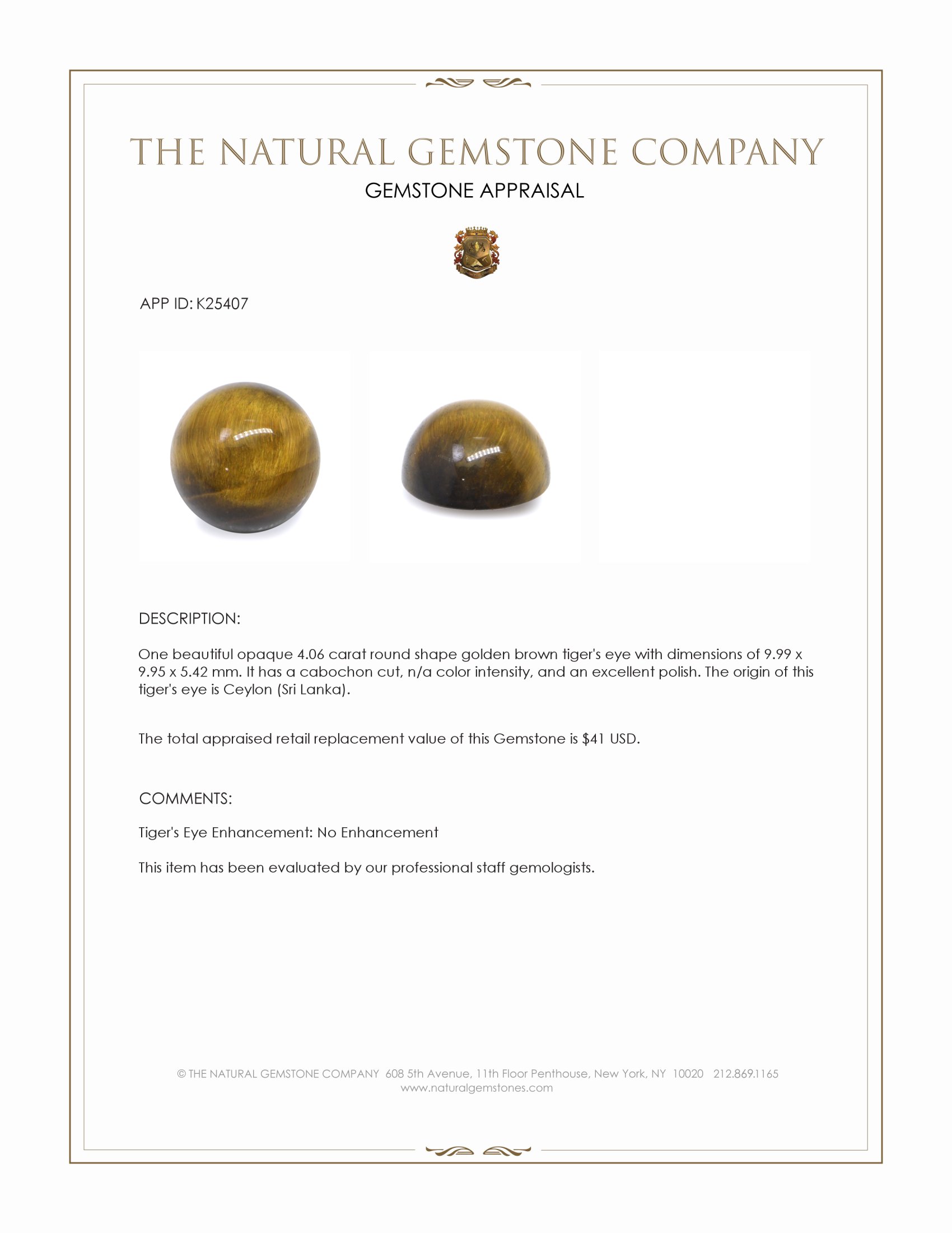 4.06 Ct. Cabochon Tiger's Eye from Ceylon (Sri Lanka)