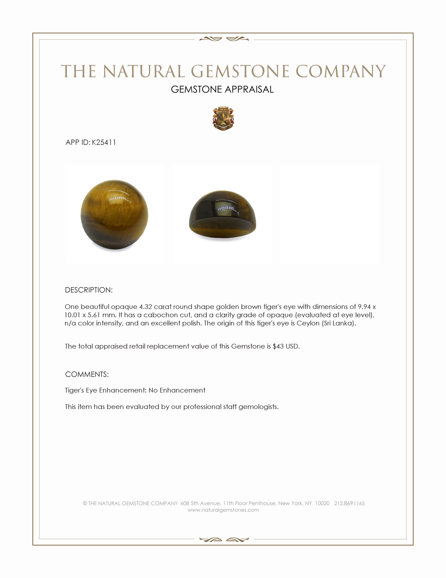 4.32 Ct. Cabochon Tiger's Eye from Ceylon (Sri Lanka)
