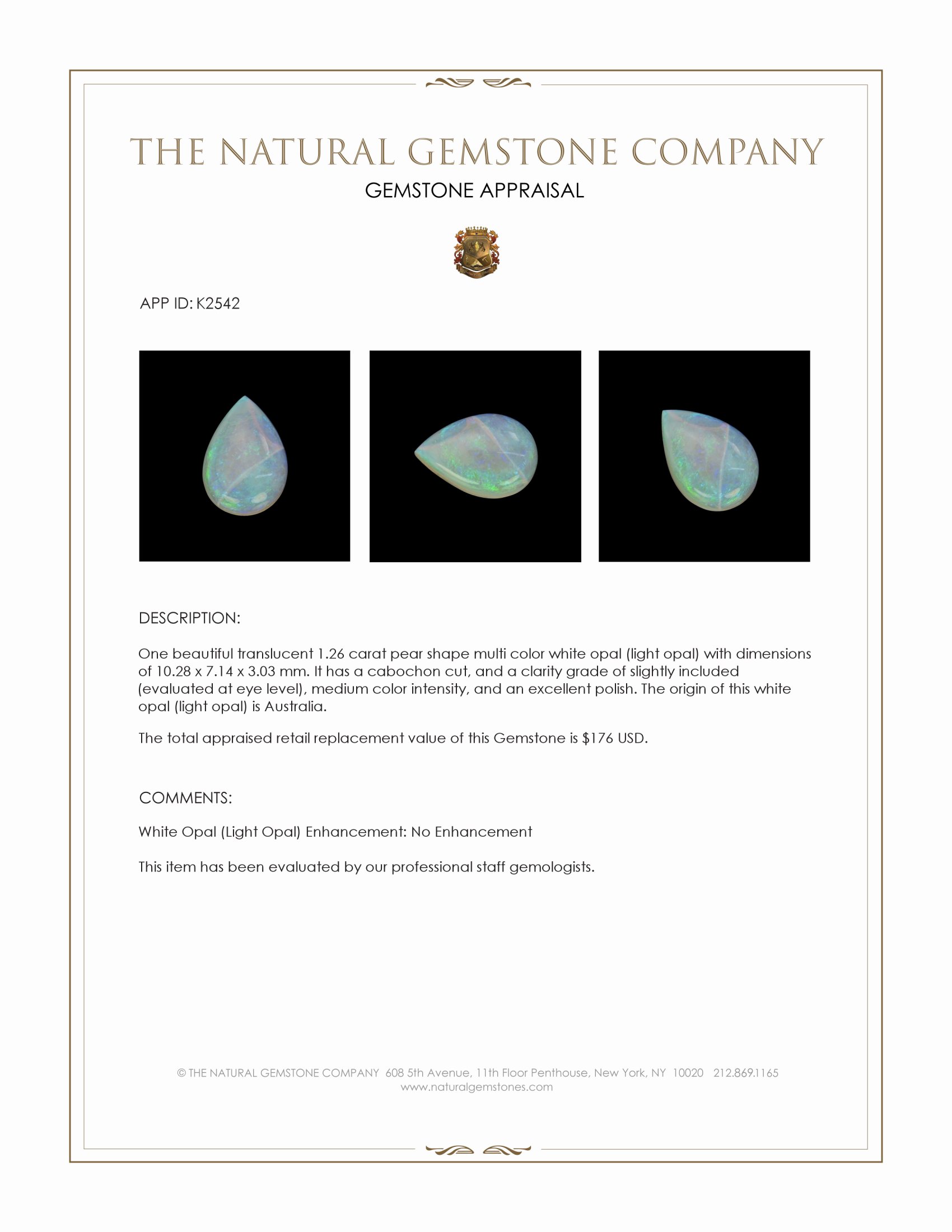 1.26 Ct. Multi Color Cabochon White Opal (Light Opal) from Australia