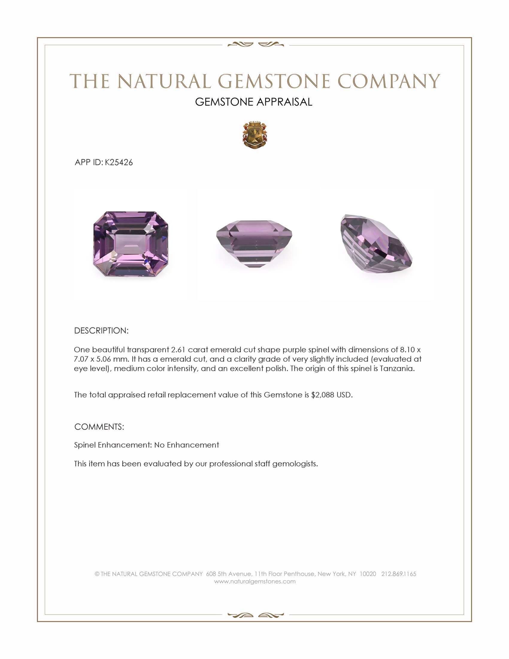 2.61 Ct. Pinkish Purple Spinel from Tanzania